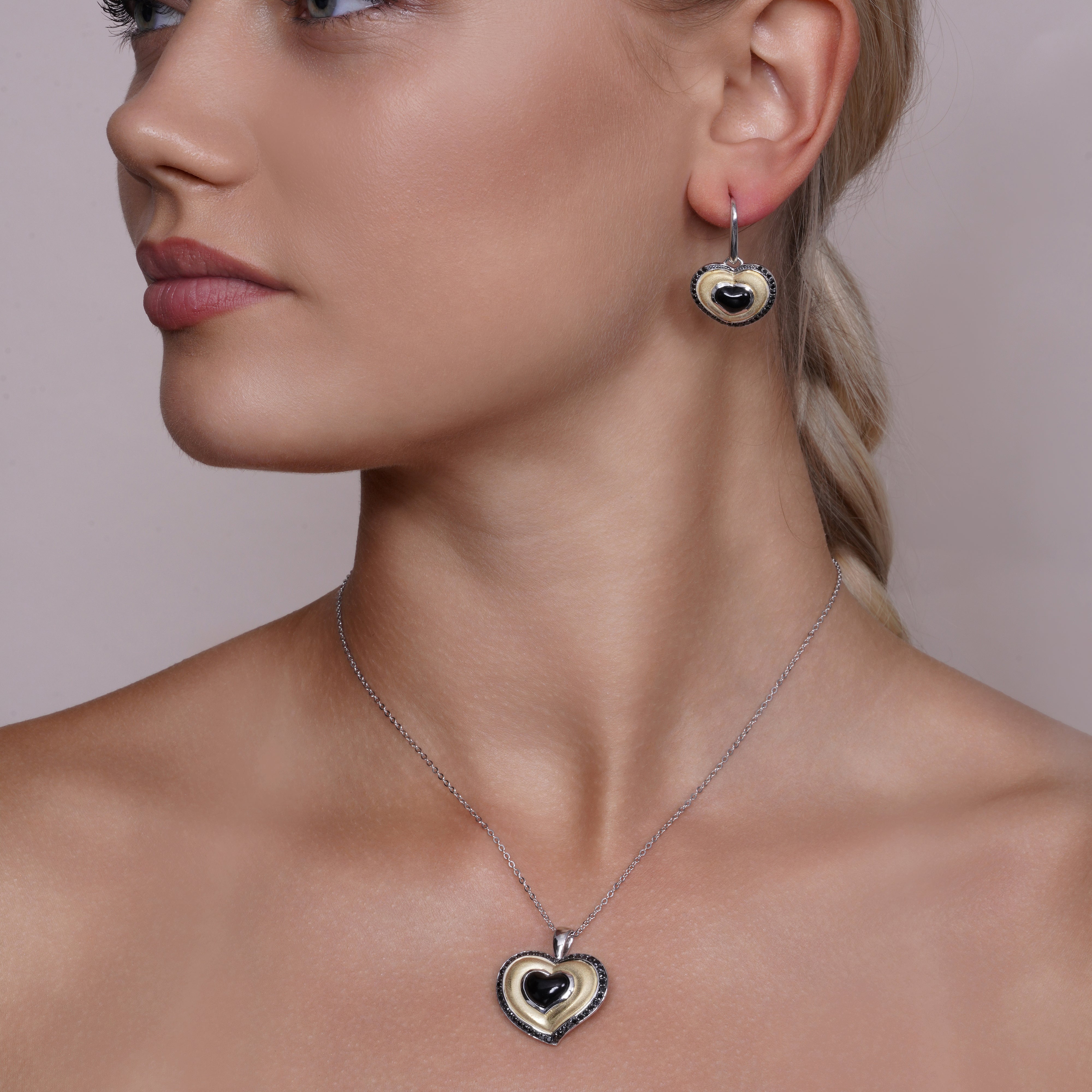 Clearance-Black Rhodium and Gold Plated 925 Silver CZ Slanted Heart Earring and Necklace Set - BGS00126