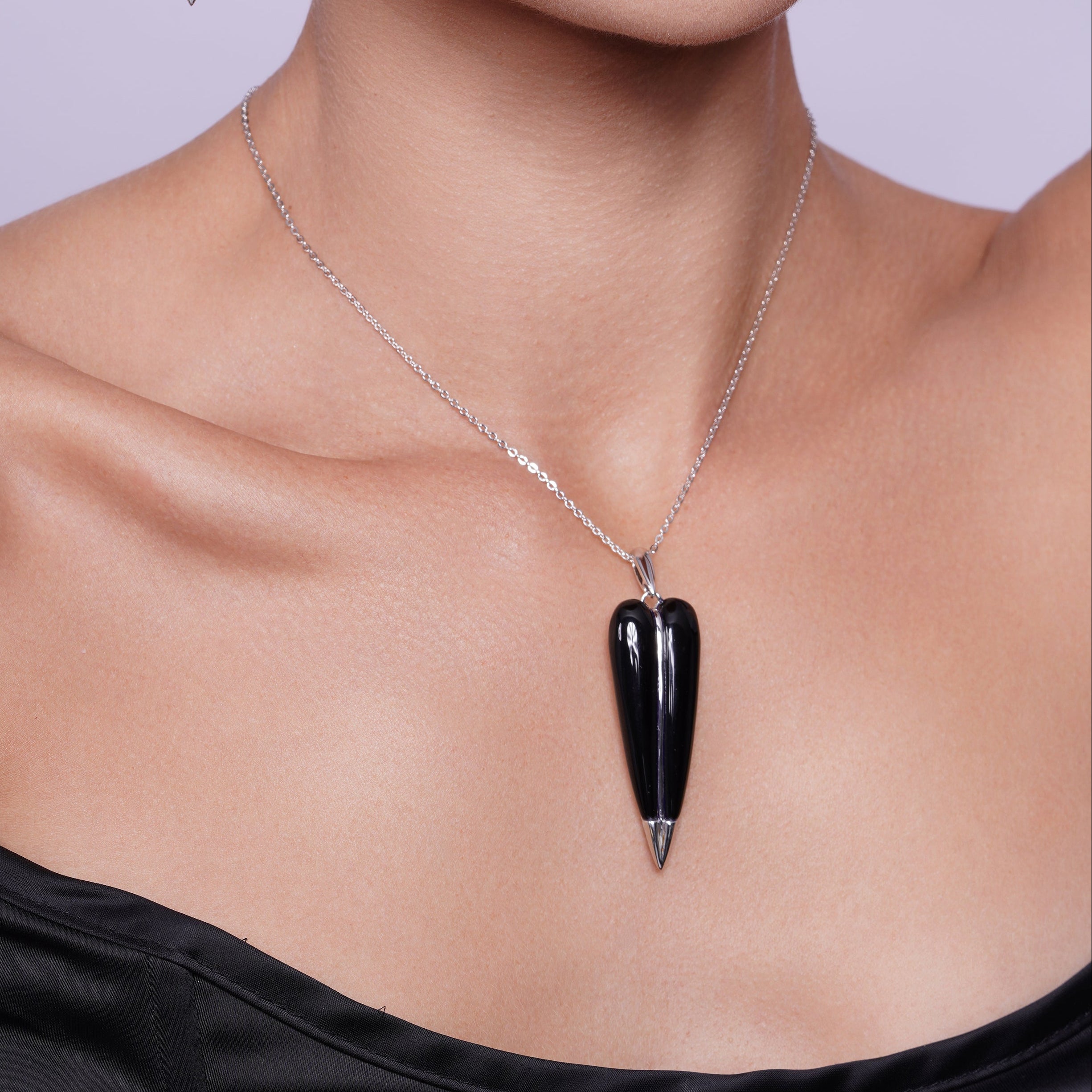 Liquidación - Conjunto de pendientes y collar con gancho de ónix negro puntiagudo, plata 925 rodiada - BGS00133