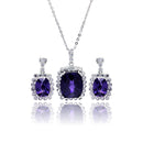 Silver 925 Rhodium Plated Birthstone and Clear Rectangular CZ Dangling Stud Earring and Dangling Necklace Set - BGS00163