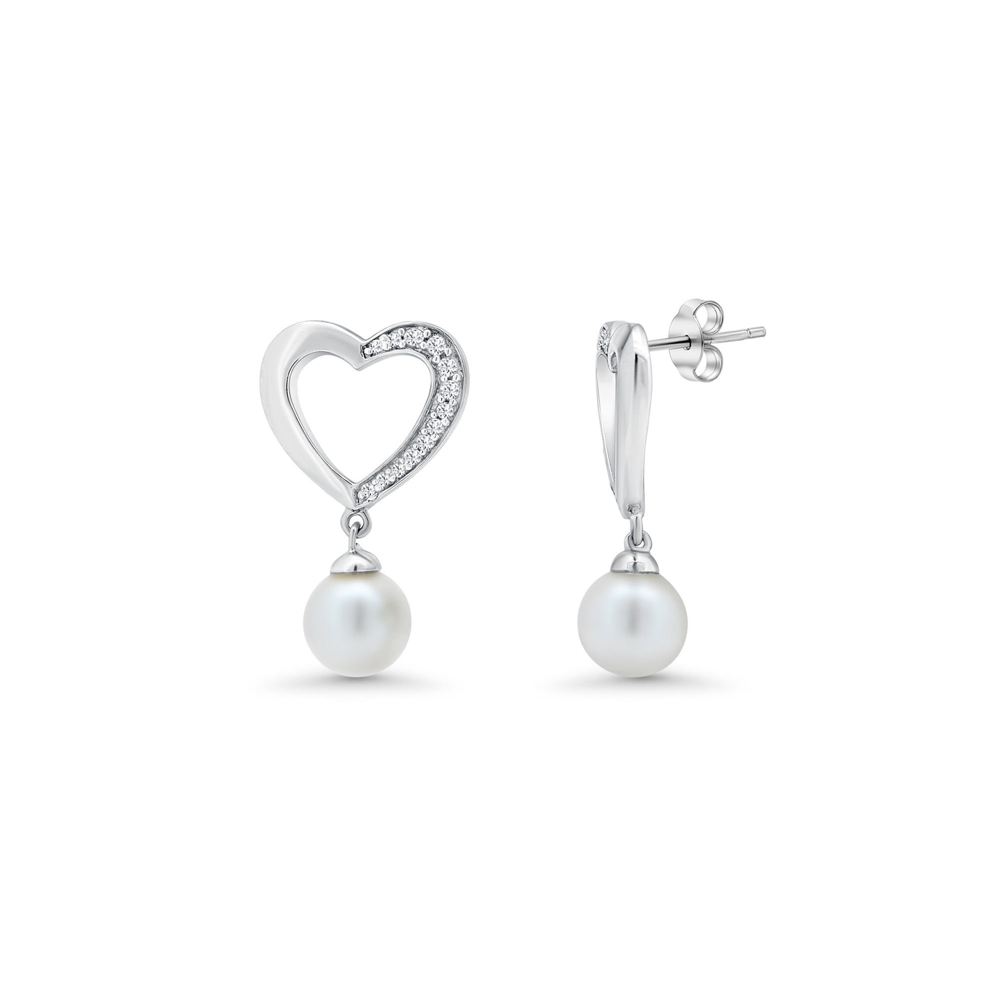 Rhodium Plated 925 Sterling Silver Open Heart Hanging Pearl Clear CZ Stud Earring and Necklace Set - BGS00167