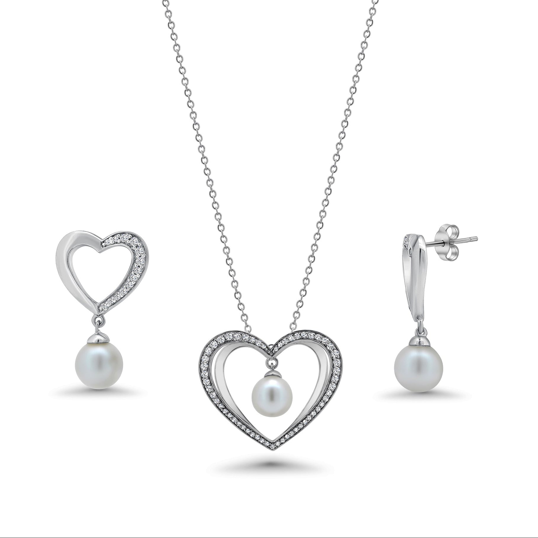 Rhodium Plated 925 Sterling Silver Open Heart Hanging Pearl Clear CZ Stud Earring and Necklace Set - BGS00167
