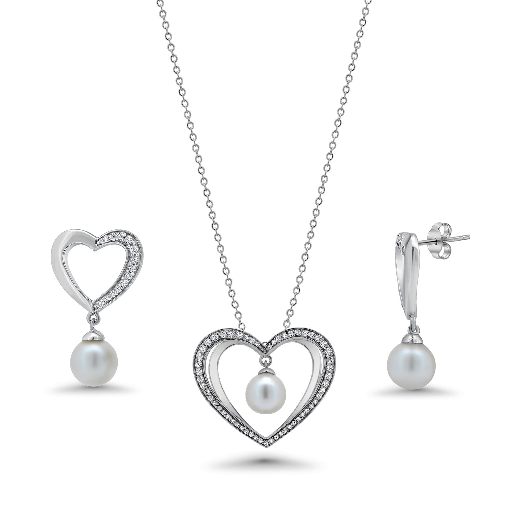 Rhodium Plated 925 Sterling Silver Open Heart Hanging Pearl Clear CZ Stud Earring and Necklace Set - BGS00167