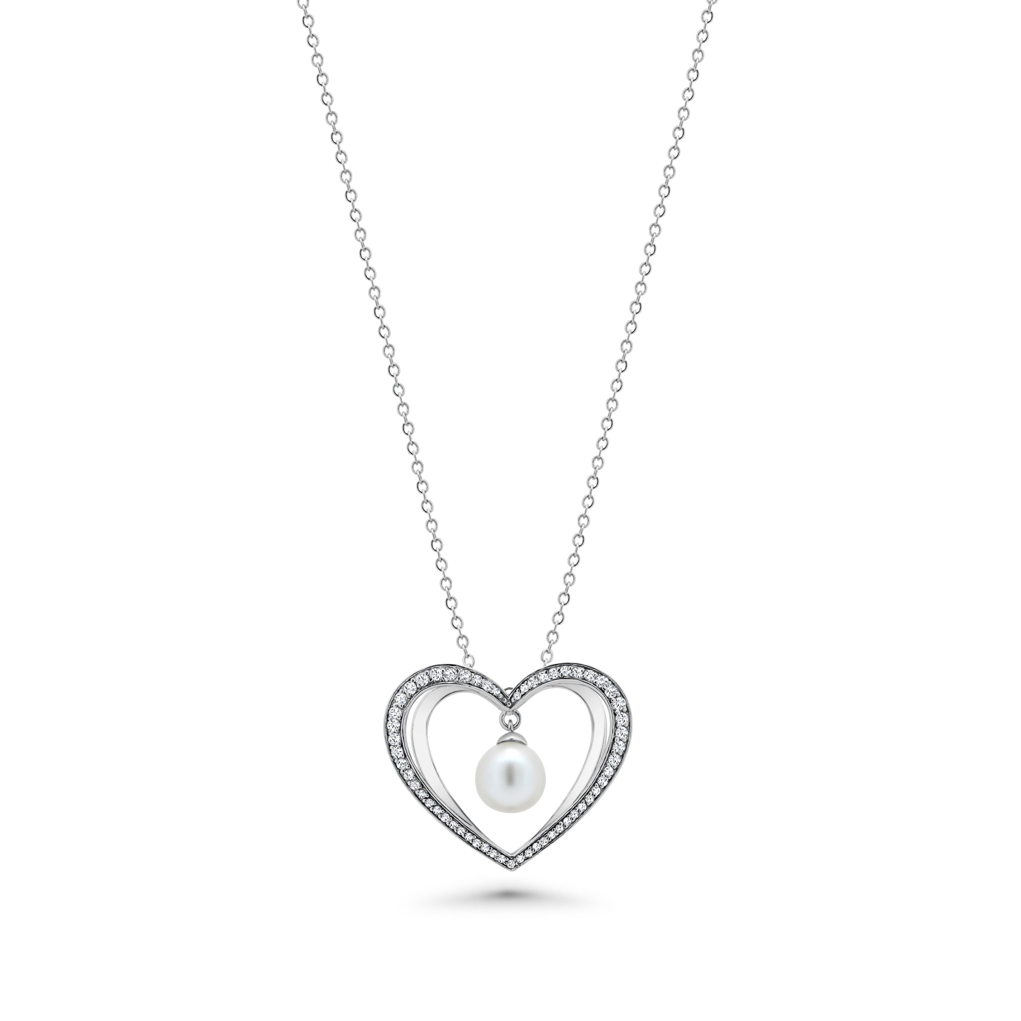 Rhodium Plated 925 Sterling Silver Open Heart Hanging Pearl Clear CZ Stud Earring and Necklace Set - BGS00167