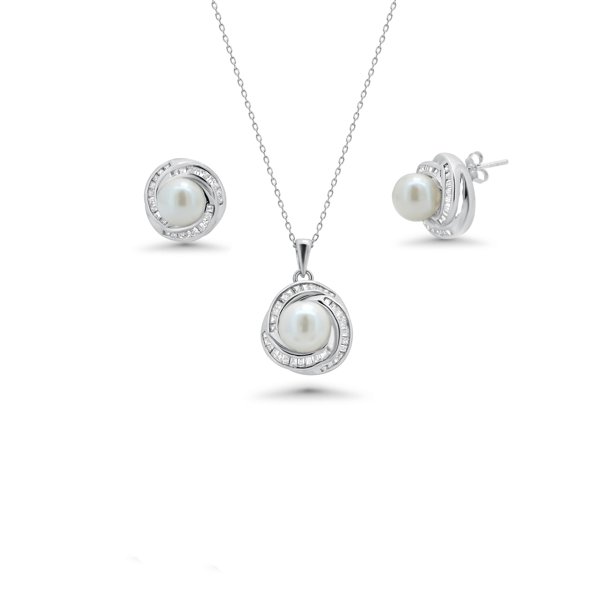 Rhodium Plated 925 Sterling Silver Clear Baguette CZ Pearl Center Stud Earring and Necklace Set - BGS00207