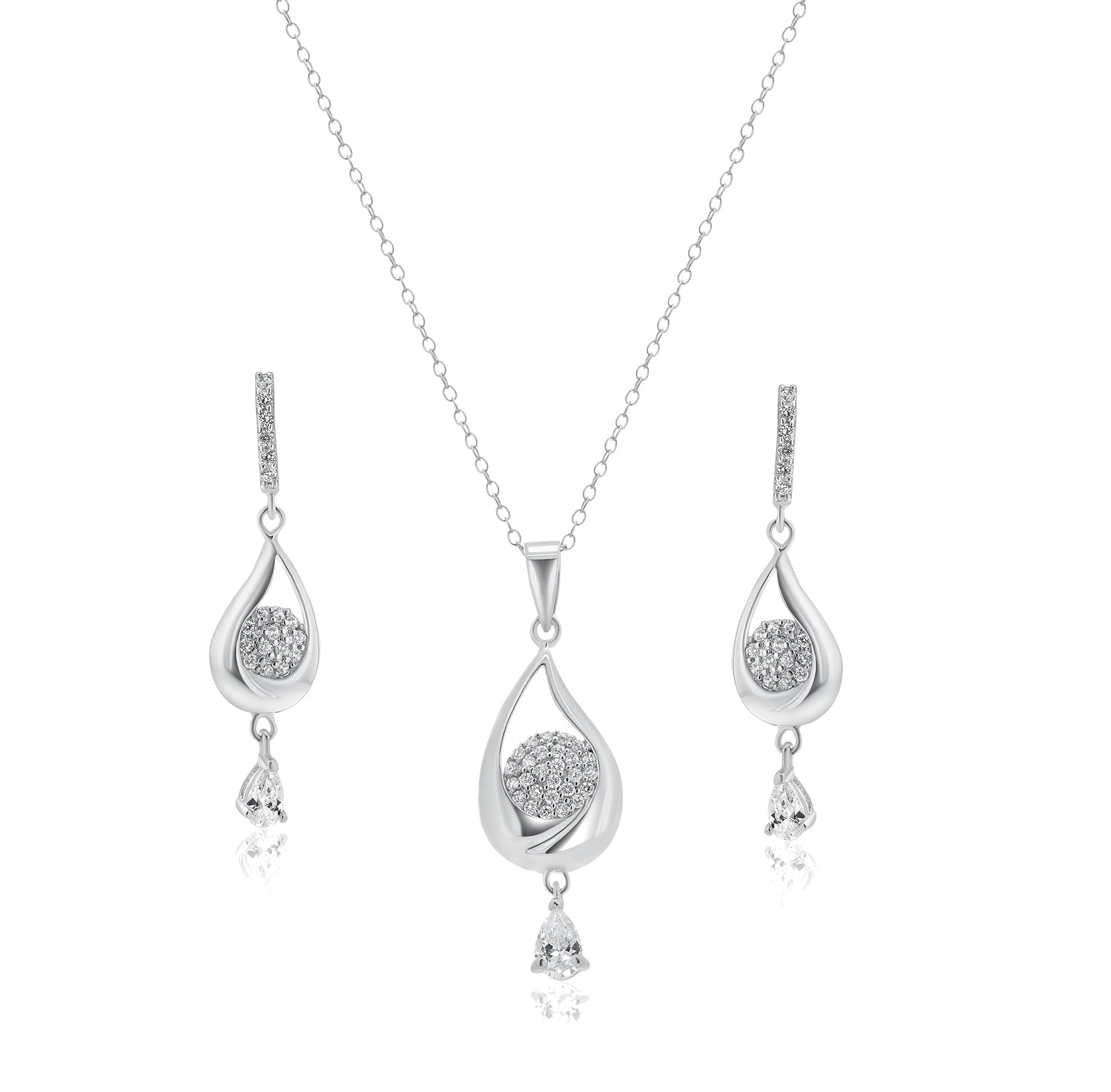 Juego de aretes colgantes y collar colgante con circonita cúbica transparente en forma de lágrima chapada en rodio de plata 925 - BGS00210