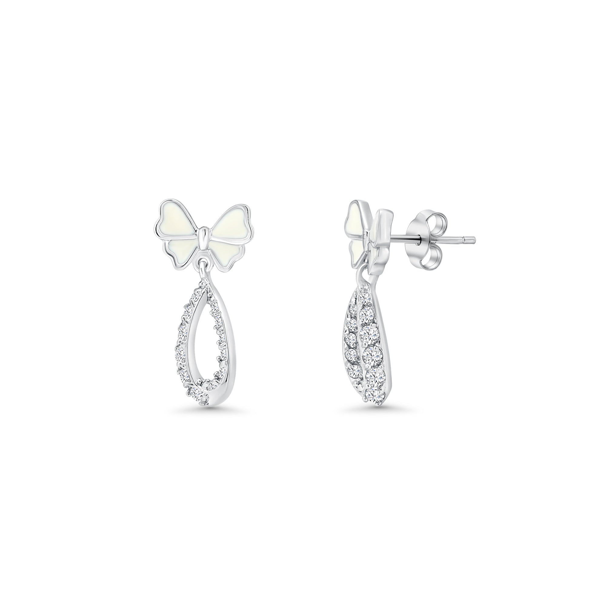 Juego de pendientes colgantes de mariposa abierta con circonitas cúbicas transparentes en plata de ley 925 rodiada - BGS00216