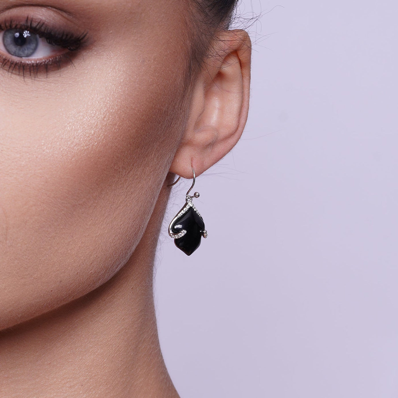 Liquidación - Conjunto de pendientes de gancho y collar colgante con circonitas cúbicas transparentes y hoja de ónix negro rodiada en plata 925 - BGS00220