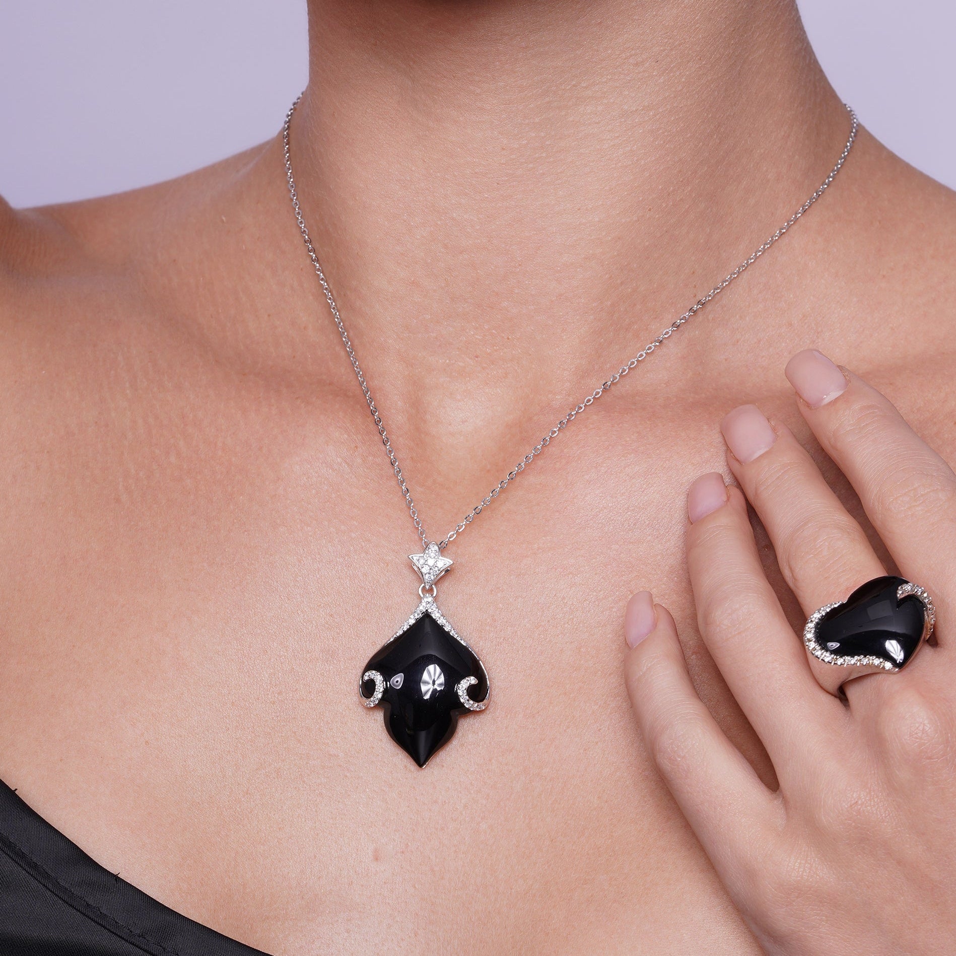 Liquidación - Conjunto de pendientes de gancho y collar colgante con circonitas cúbicas transparentes y hoja de ónix negro rodiada en plata 925 - BGS00220