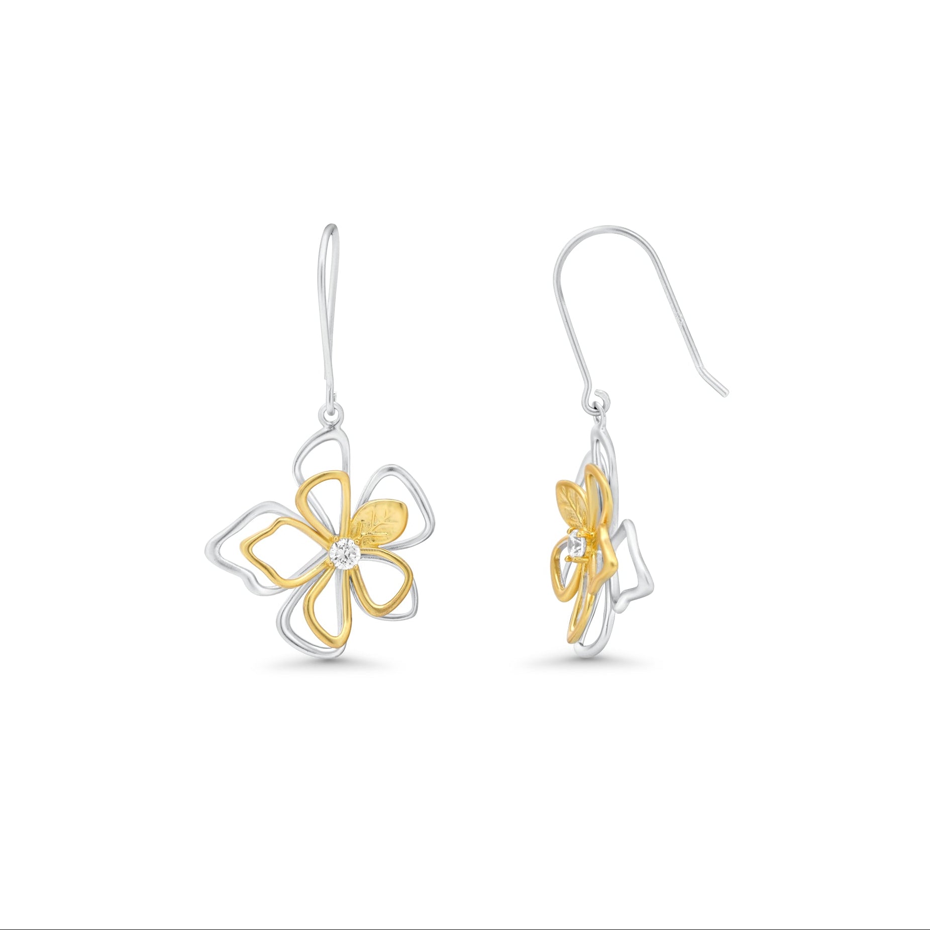Two Tone Plated 925 Sterling Silver Open Flower Outline Clear CZ Earring and Necklace Set - BGS00225