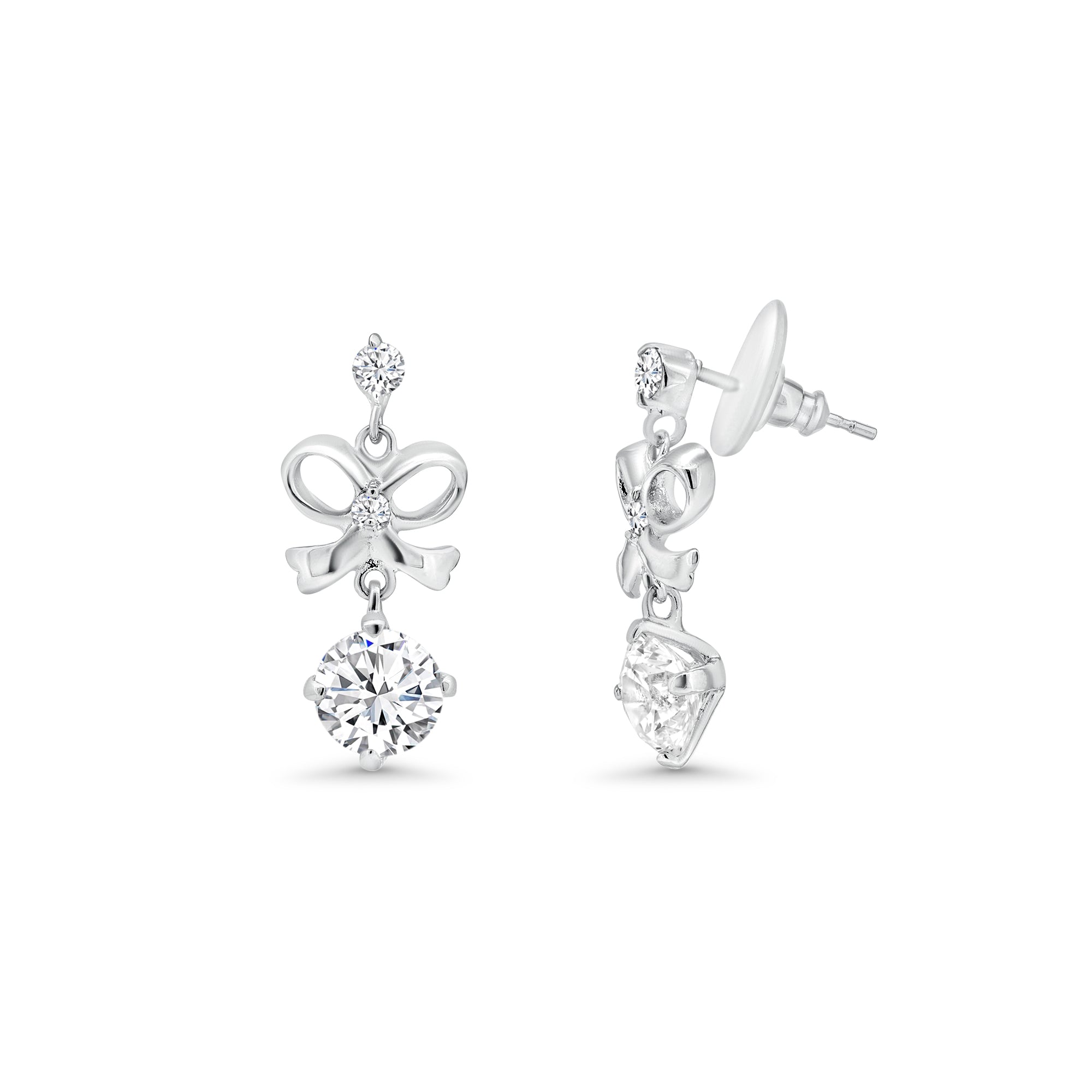 Rhodium Plated 925 Sterling Silver Clear Bow CZ Hanging Earring and Necklace Set - BGS00229