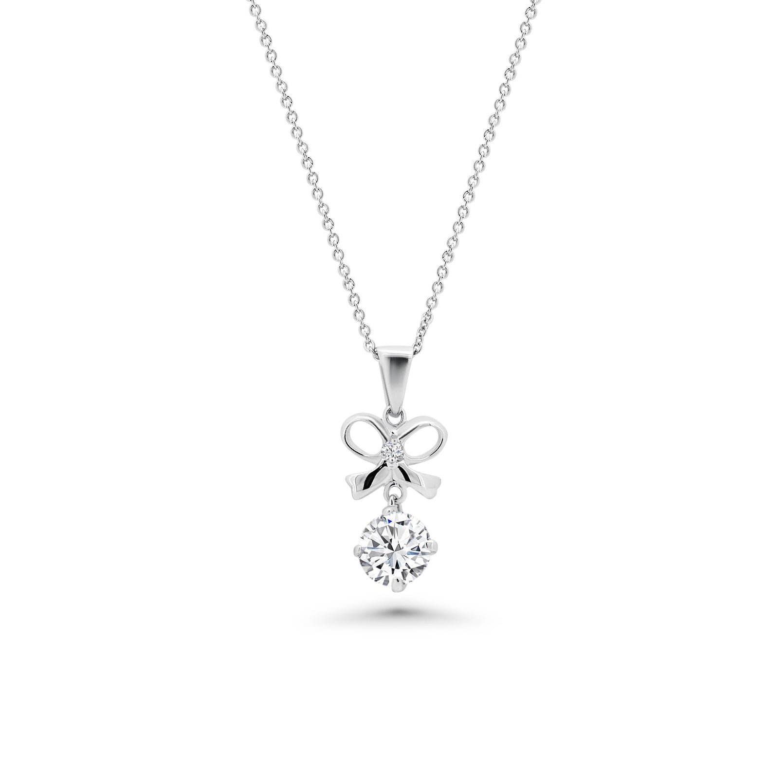 Rhodium Plated 925 Sterling Silver Clear Bow CZ Hanging Earring and Necklace Set - BGS00229