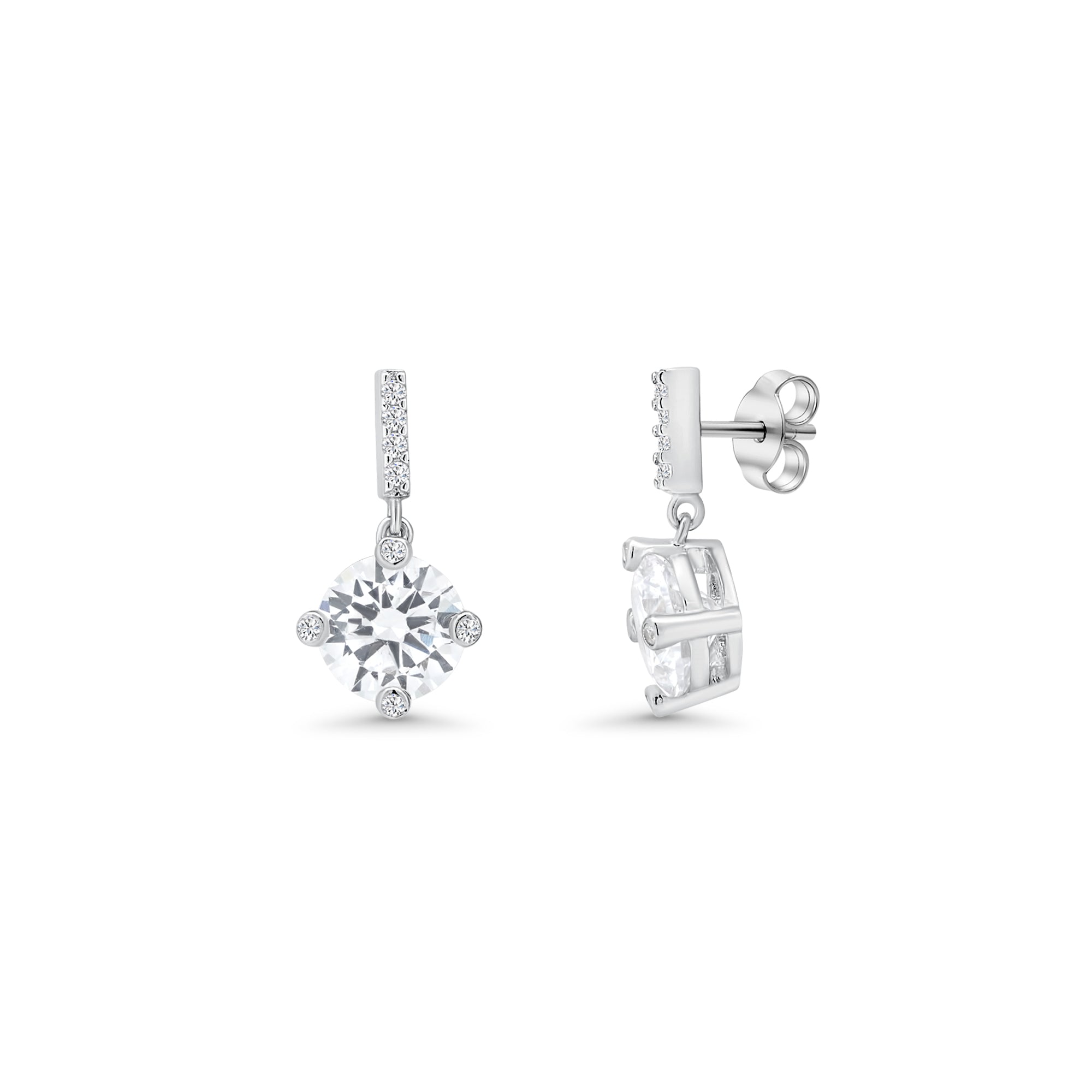 Rhodium Plated 925 Sterling Silver Clear Round CZ Dangling Stud Earring and Necklace Set - BGS00241
