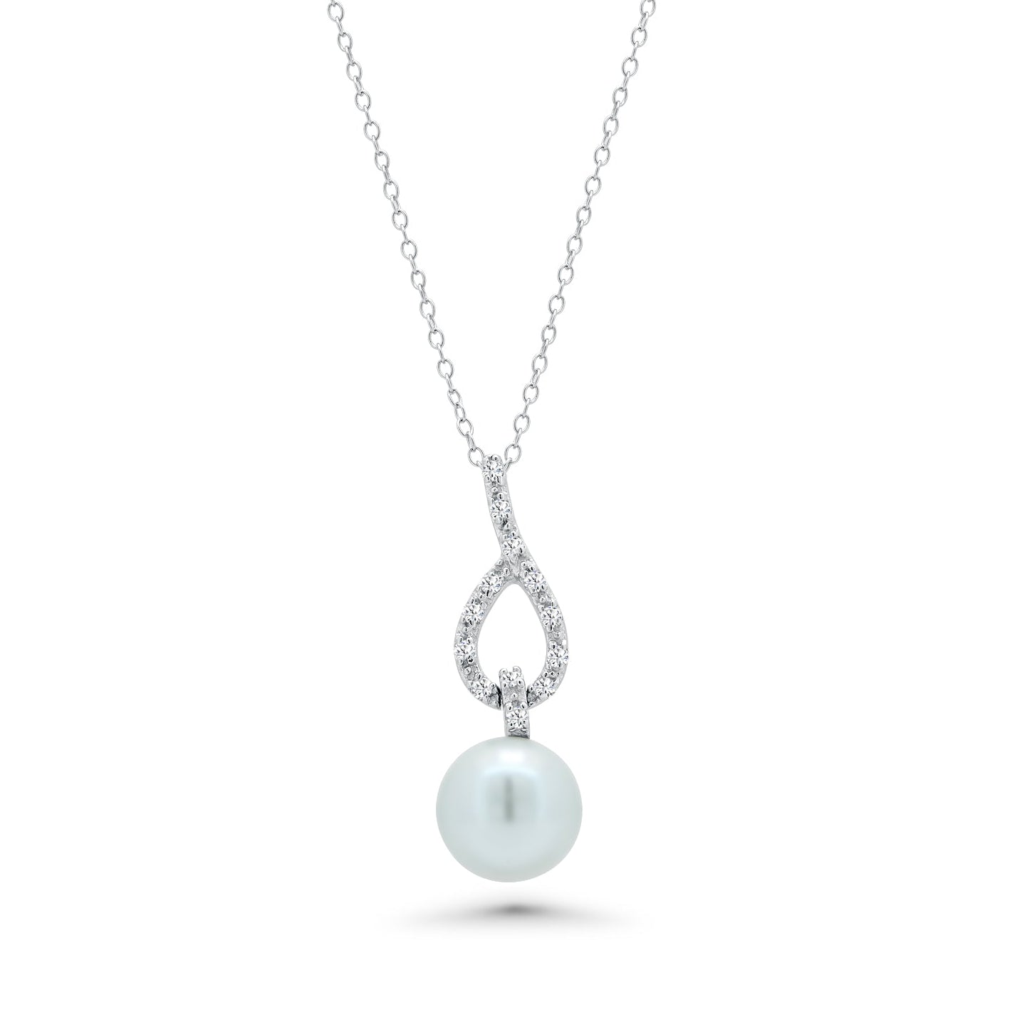 Rhodium Plated 925 Sterling Silver Pearl & Clear Open Teardrop CZ Dangling Stud Earring and Dangling Necklace Set - BGS00243
