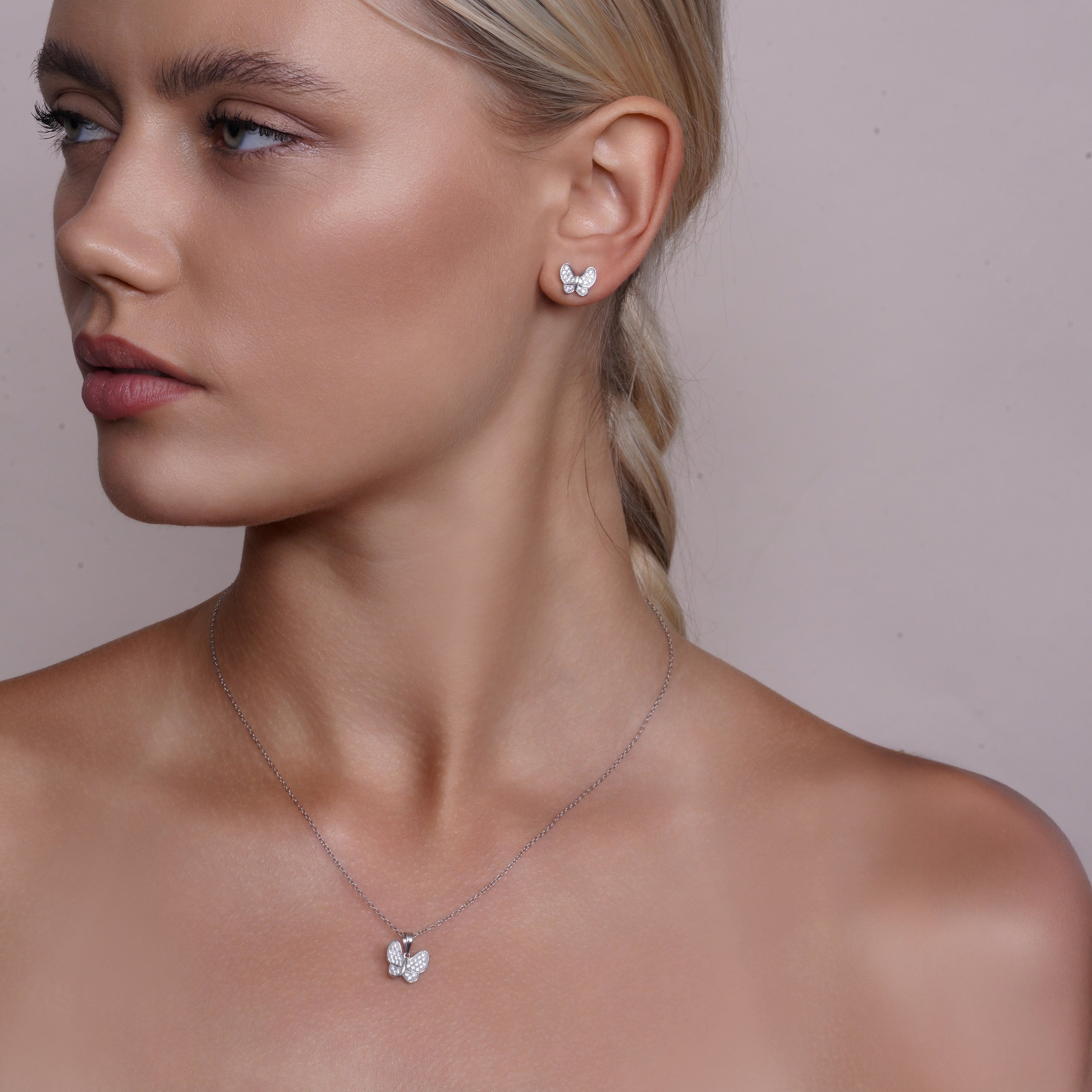 Rhodium Plated 925 Sterling Silver Clear CZ Butterfly CZ Earring & Necklace Set - BGS00255
