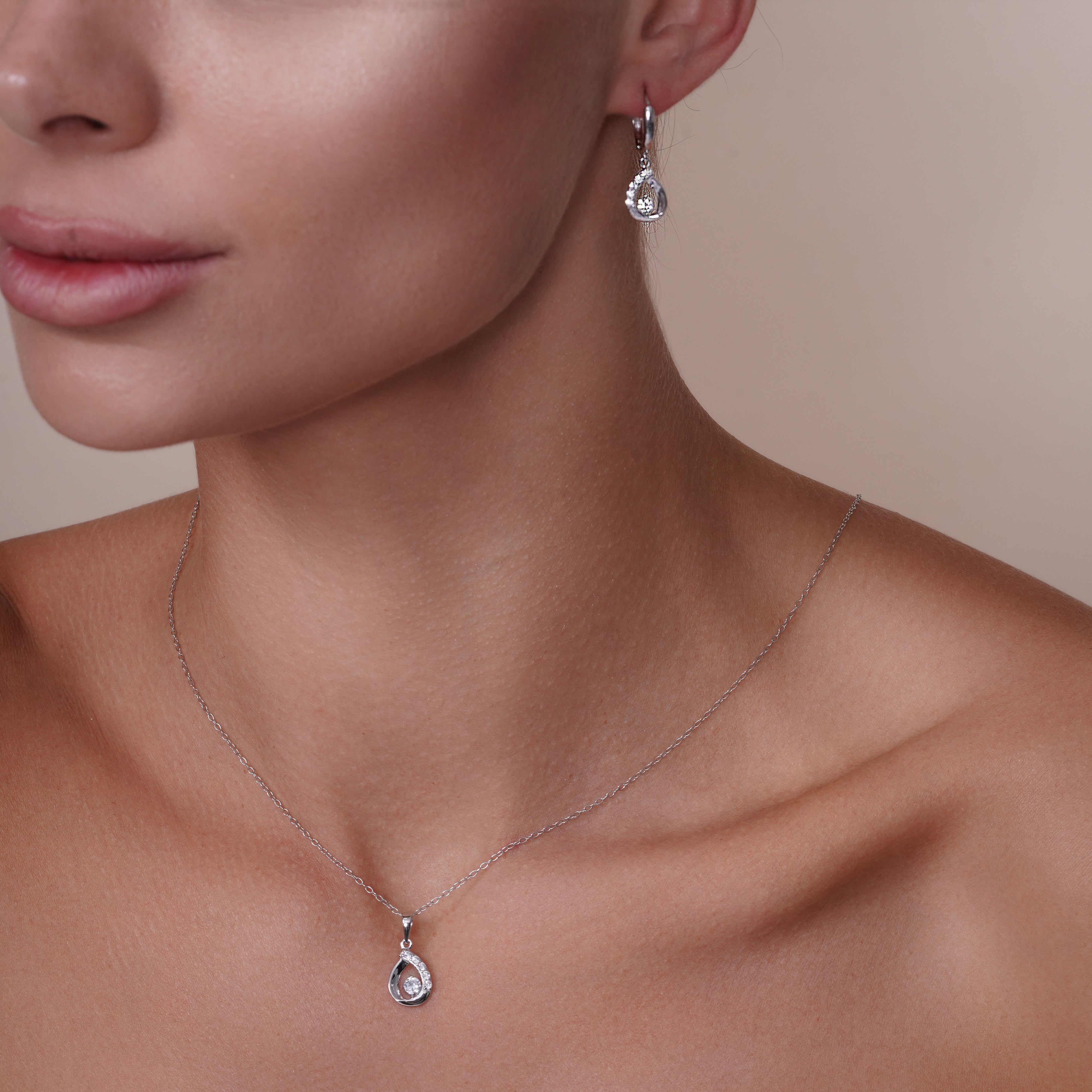 Silver 925 Rhodium Plated Open Teardrop Clear CZ Leverback Earring and Necklace Set - BGS00260