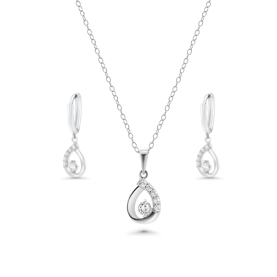 Silver 925 Rhodium Plated Open Teardrop Clear CZ Leverback Earring and Necklace Set - BGS00260