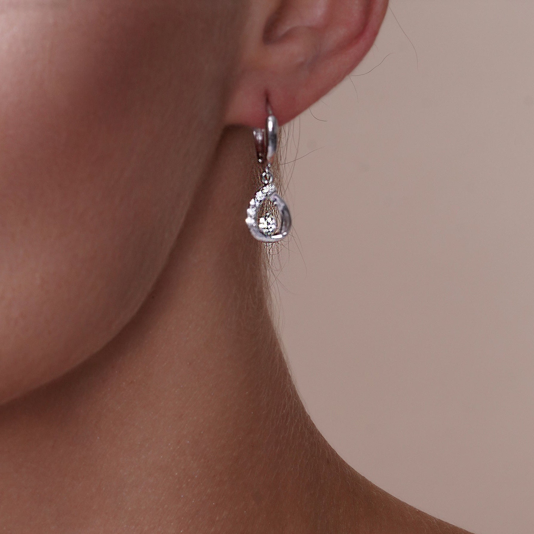 Silver 925 Rhodium Plated Open Teardrop Clear CZ Leverback Earring and Necklace Set - BGS00260