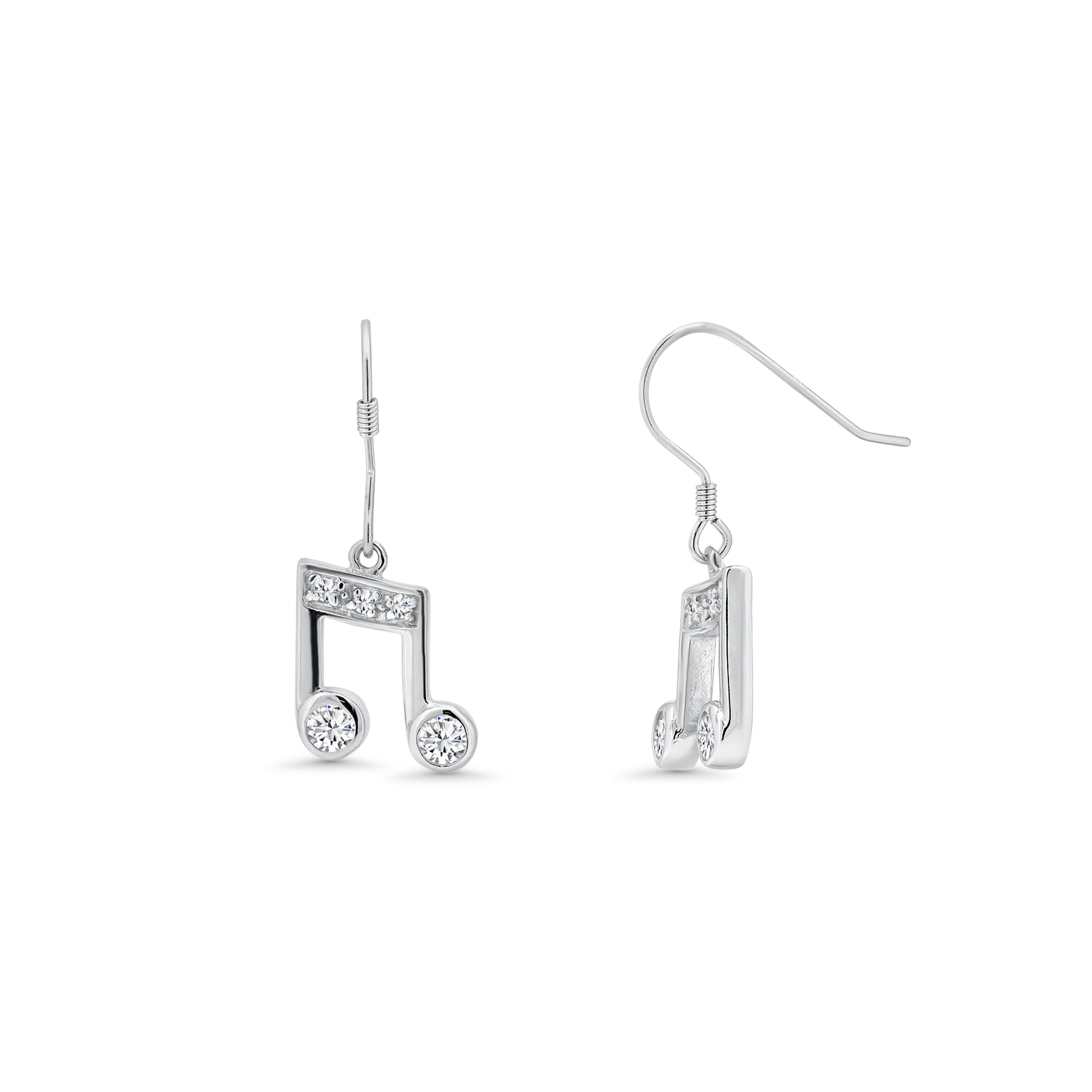 Juego de aretes y collar colgante con gancho de circonita transparente y nota musical chapada en rodio de plata 925 - BGS00265