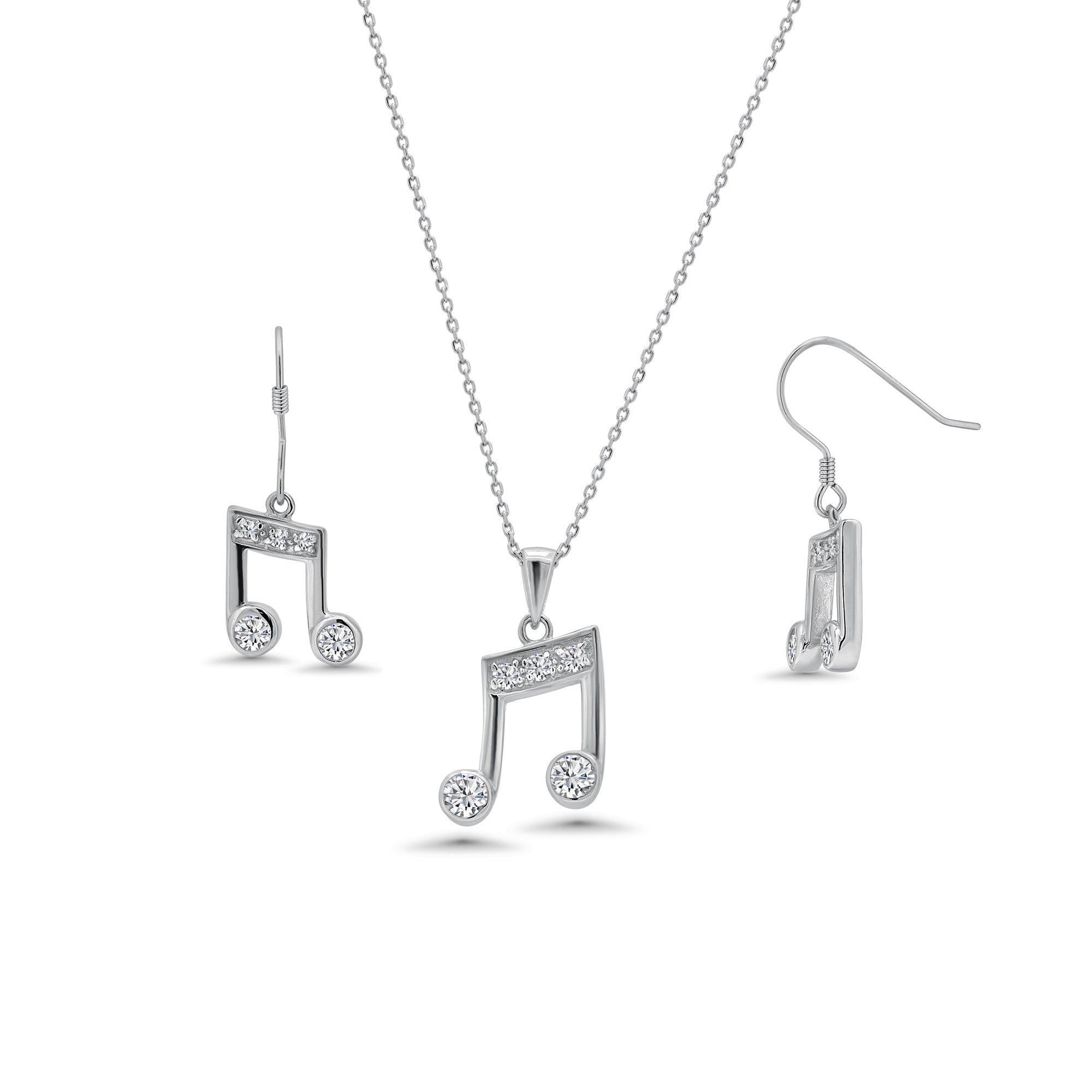 Juego de aretes y collar colgante con gancho de circonita transparente y nota musical chapada en rodio de plata 925 - BGS00265