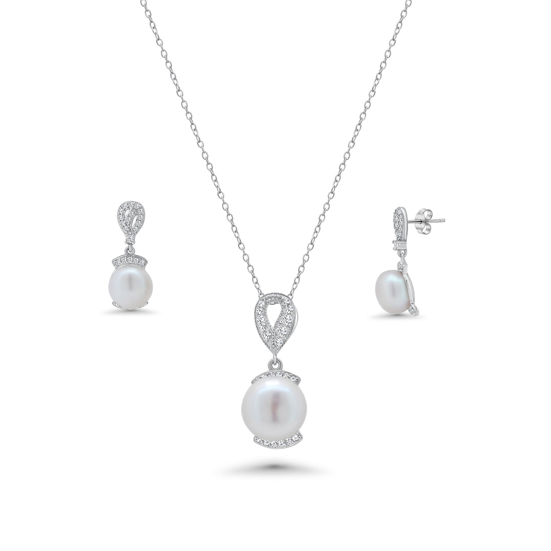 Rhodium Plated 925 Silver CZ & Fresh Water Pearl Dangle Earring & Necklace Set - BGS00269