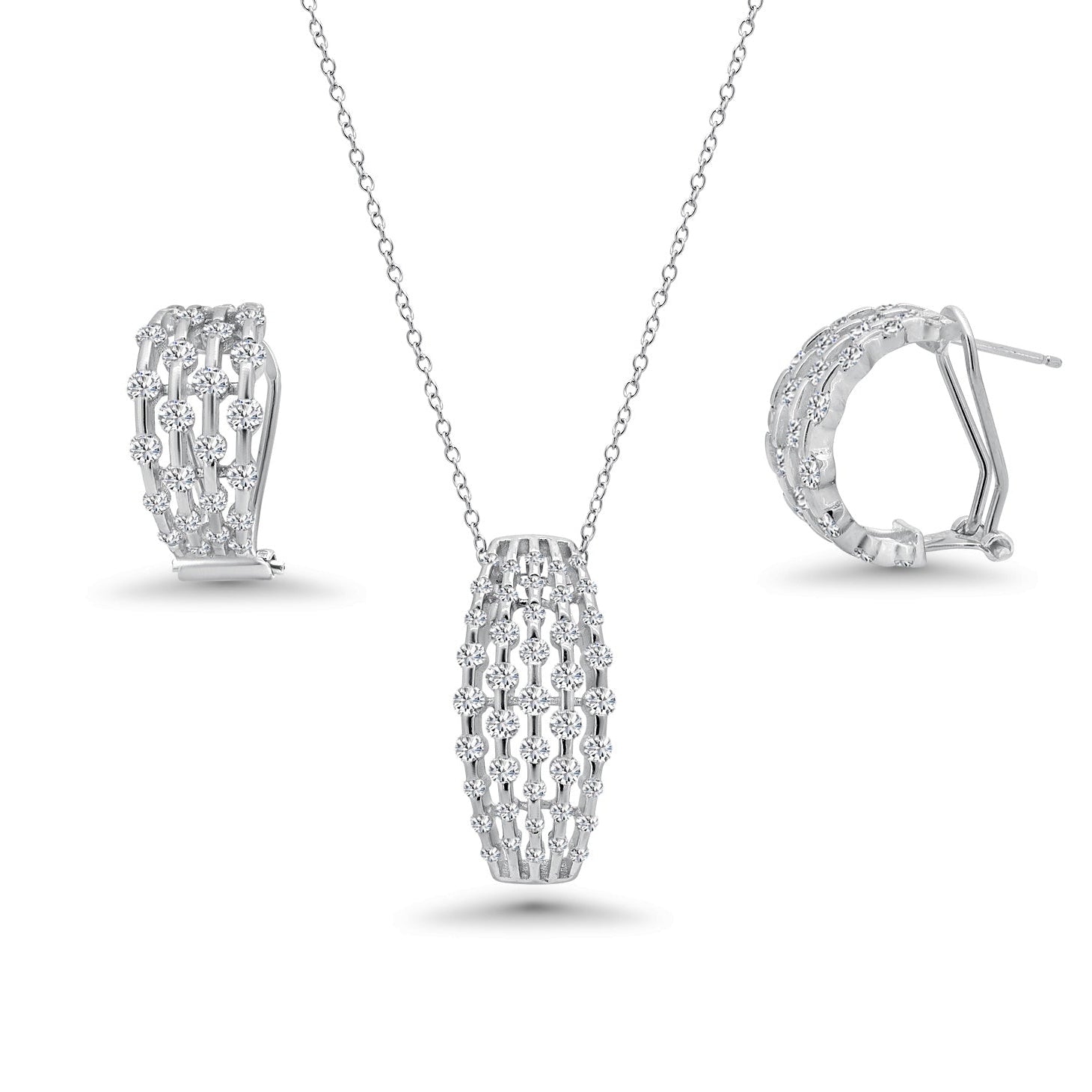 Rhodium Plated 925 Stering Silver Multi Row With CZ French Clip Earring and Necklace Set - BGS00270