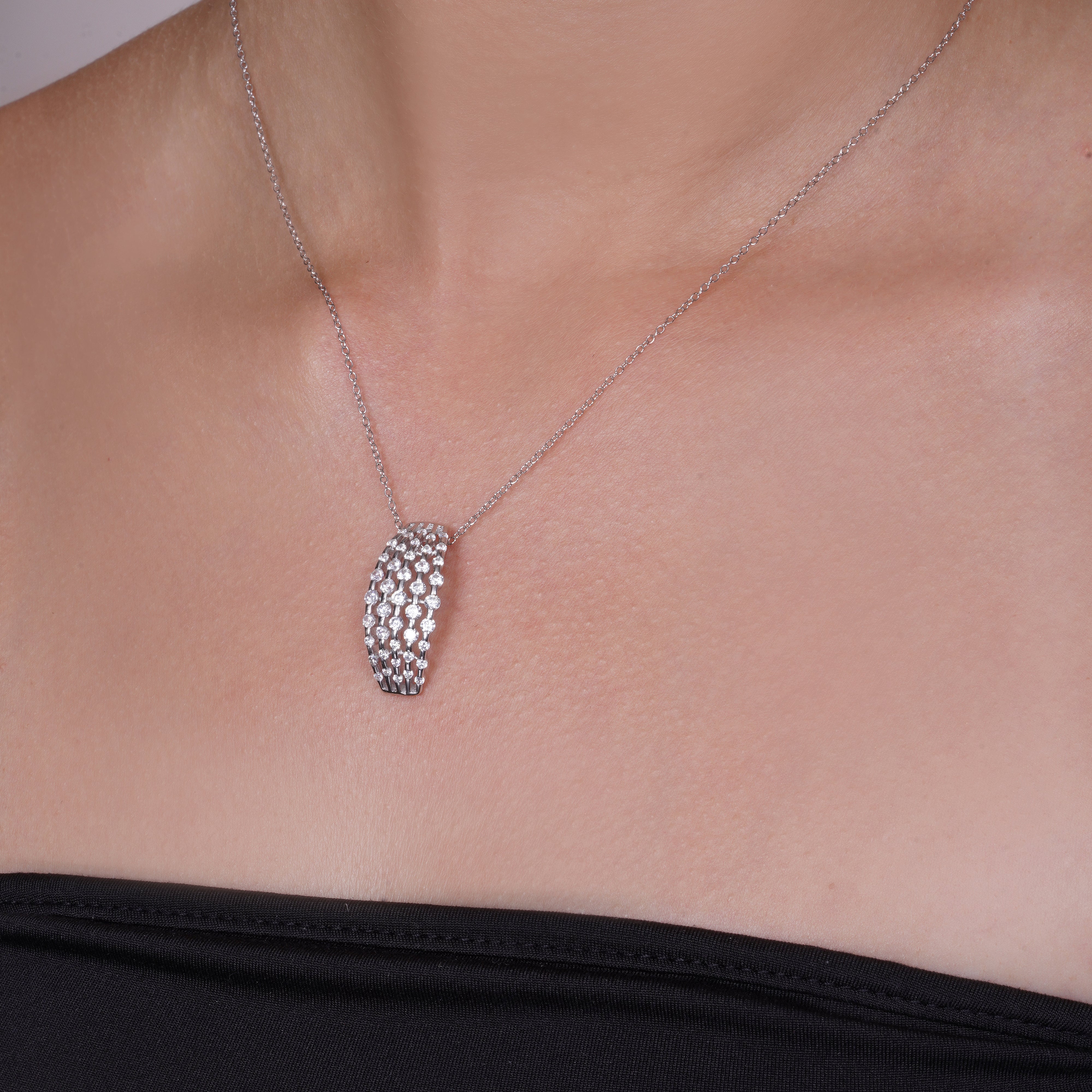 Rhodium Plated 925 Stering Silver Multi Row With CZ French Clip Earring and Necklace Set - BGS00270