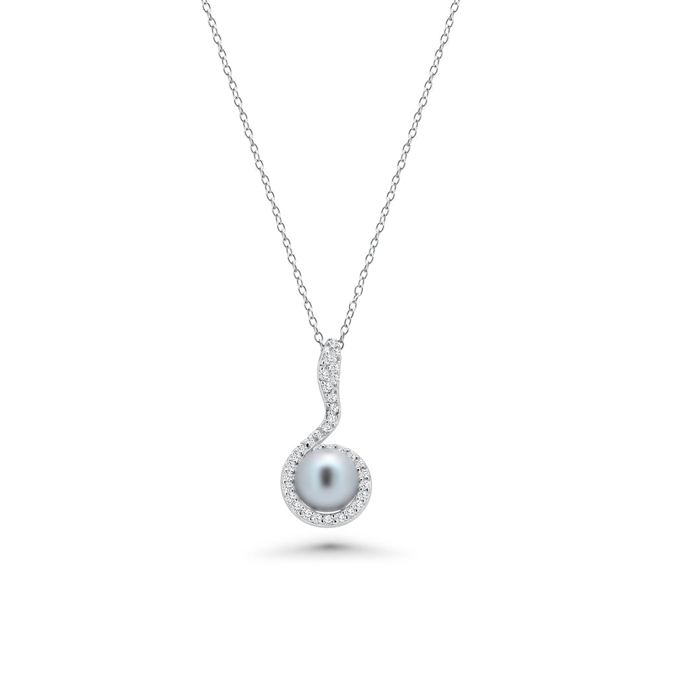 Rhodium Plated 925 Sterling Silver Black Pearl Clear CZ Hanging Stud Earring and Necklace Set - BGS00272
