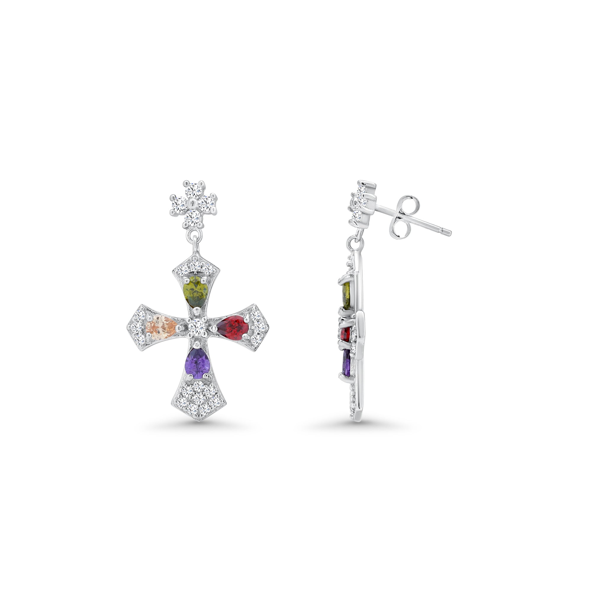 Rhodium Plated 925 Silver Multi Colored CZ Cross Stud Earring and Necklace Set - BGS00274