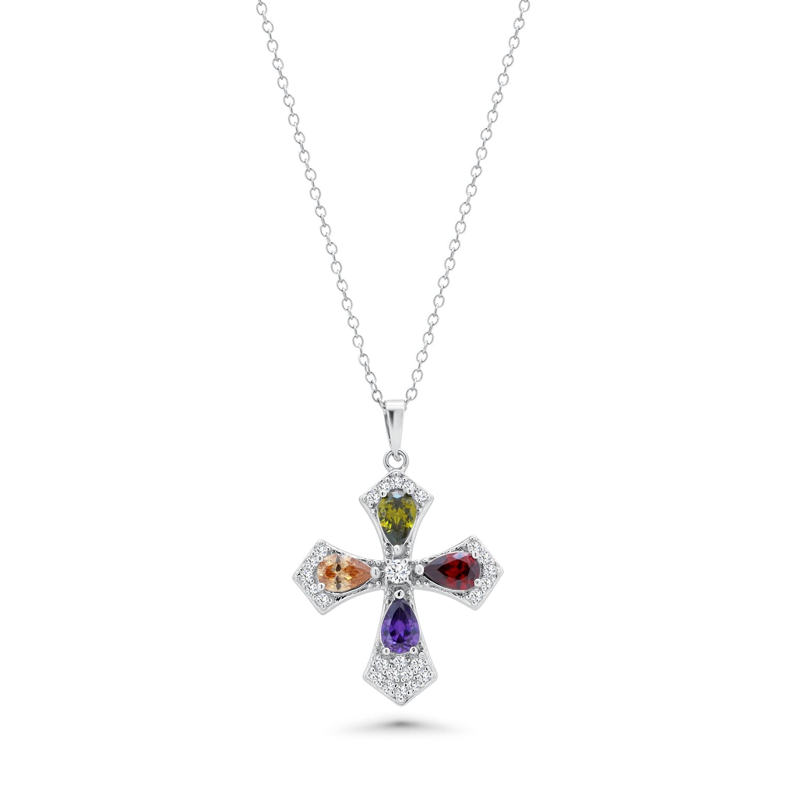 Rhodium Plated 925 Silver Multi Colored CZ Cross Stud Earring and Necklace Set - BGS00274