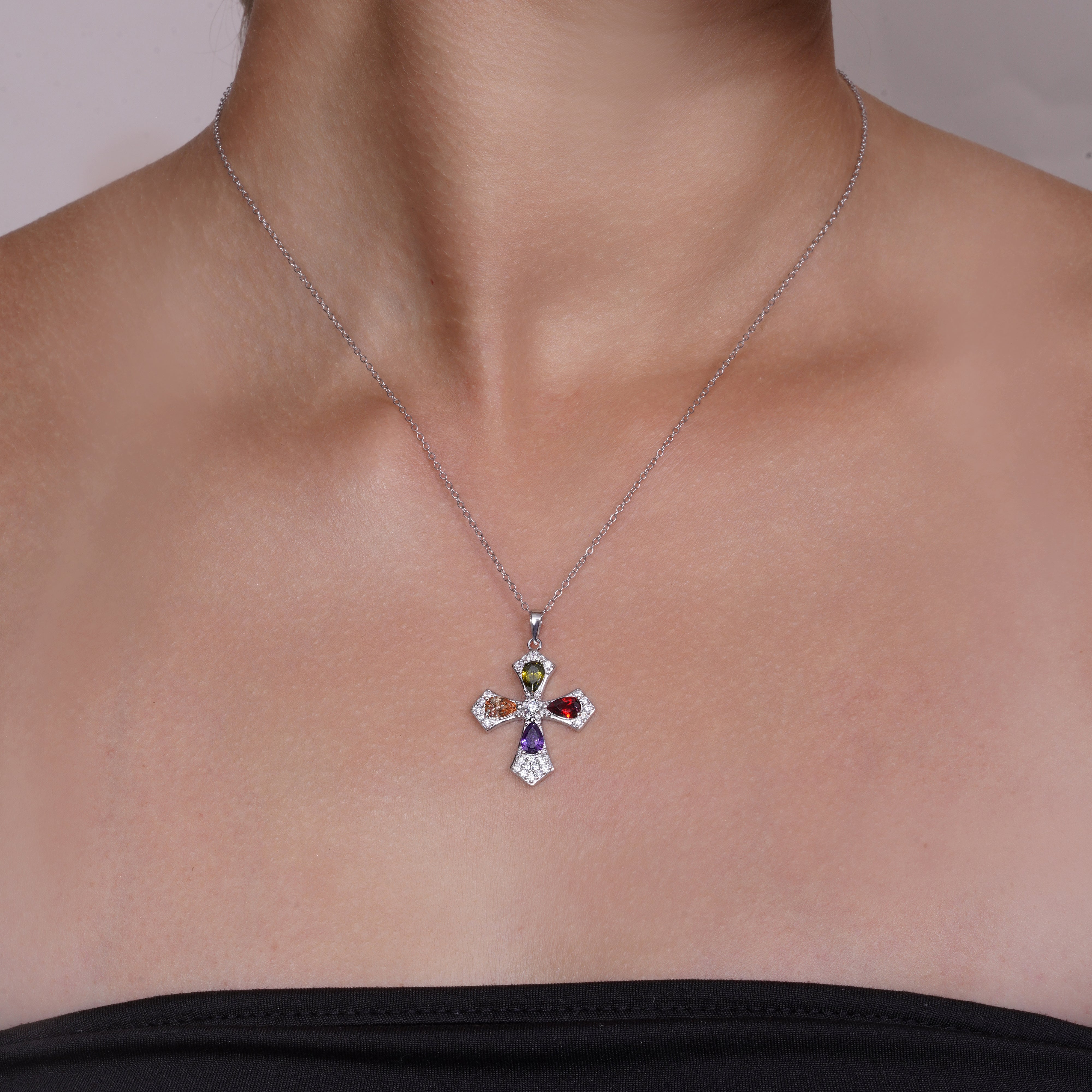Rhodium Plated 925 Silver Multi Colored CZ Cross Stud Earring and Necklace Set - BGS00274