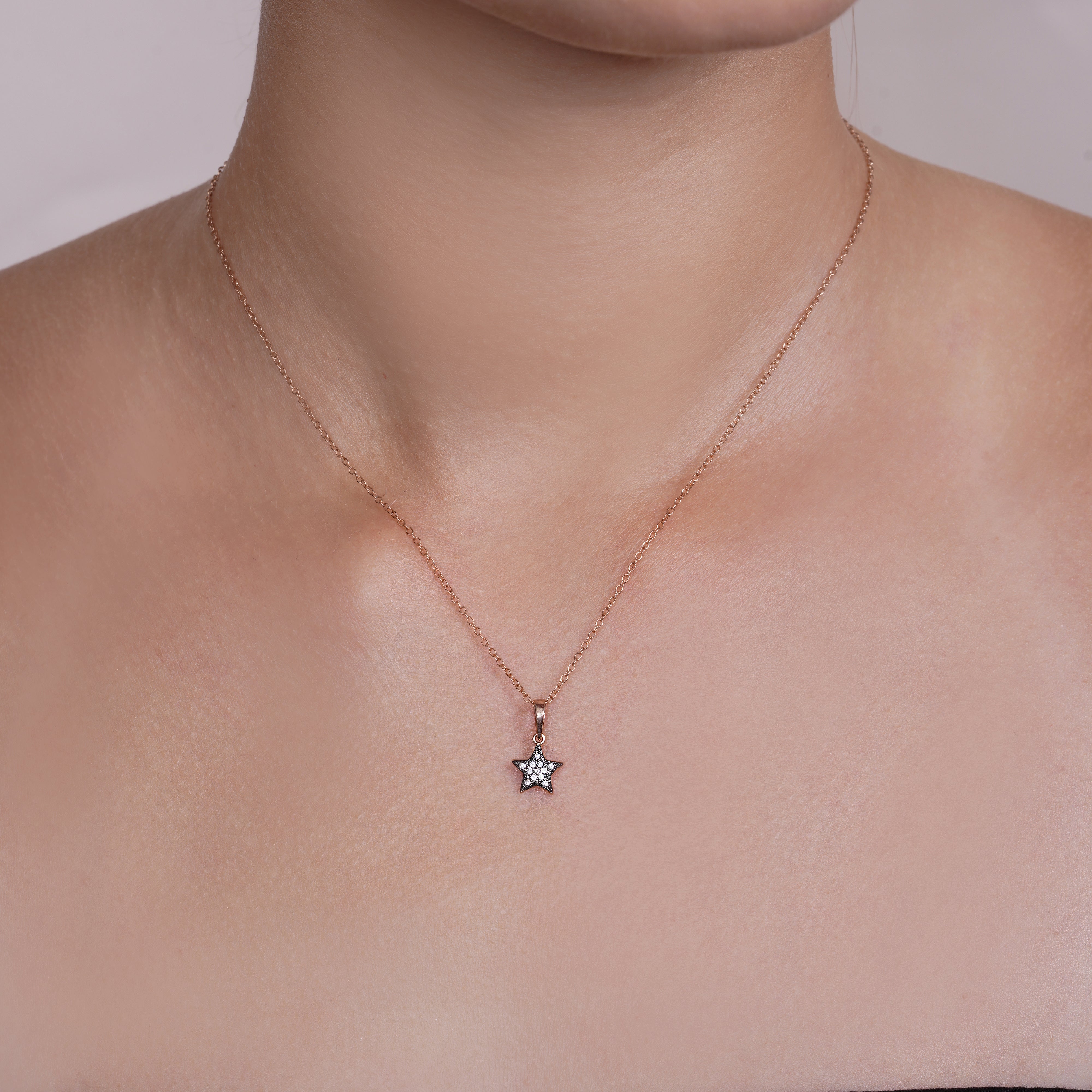 Black Rhodium & Rose Gold Plated 925 SIlver Clear Mini Star CZ Stud Earring and Necklace Set - BGS00278