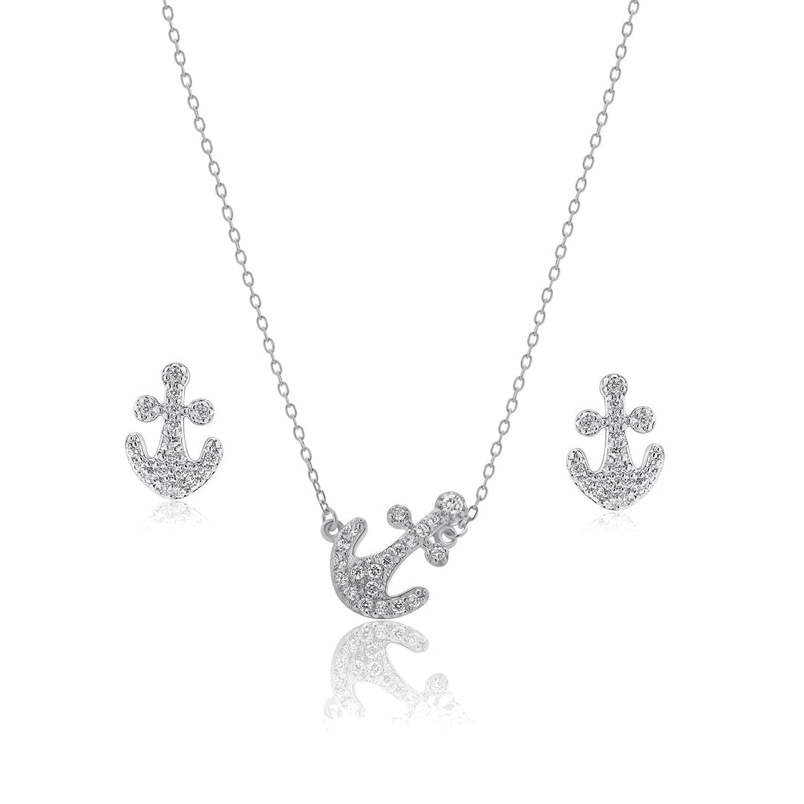 Silver 925 Rhodium Plated Pave Set Clear Anchor CZ Stud Earring and Necklace Set - BGS00307