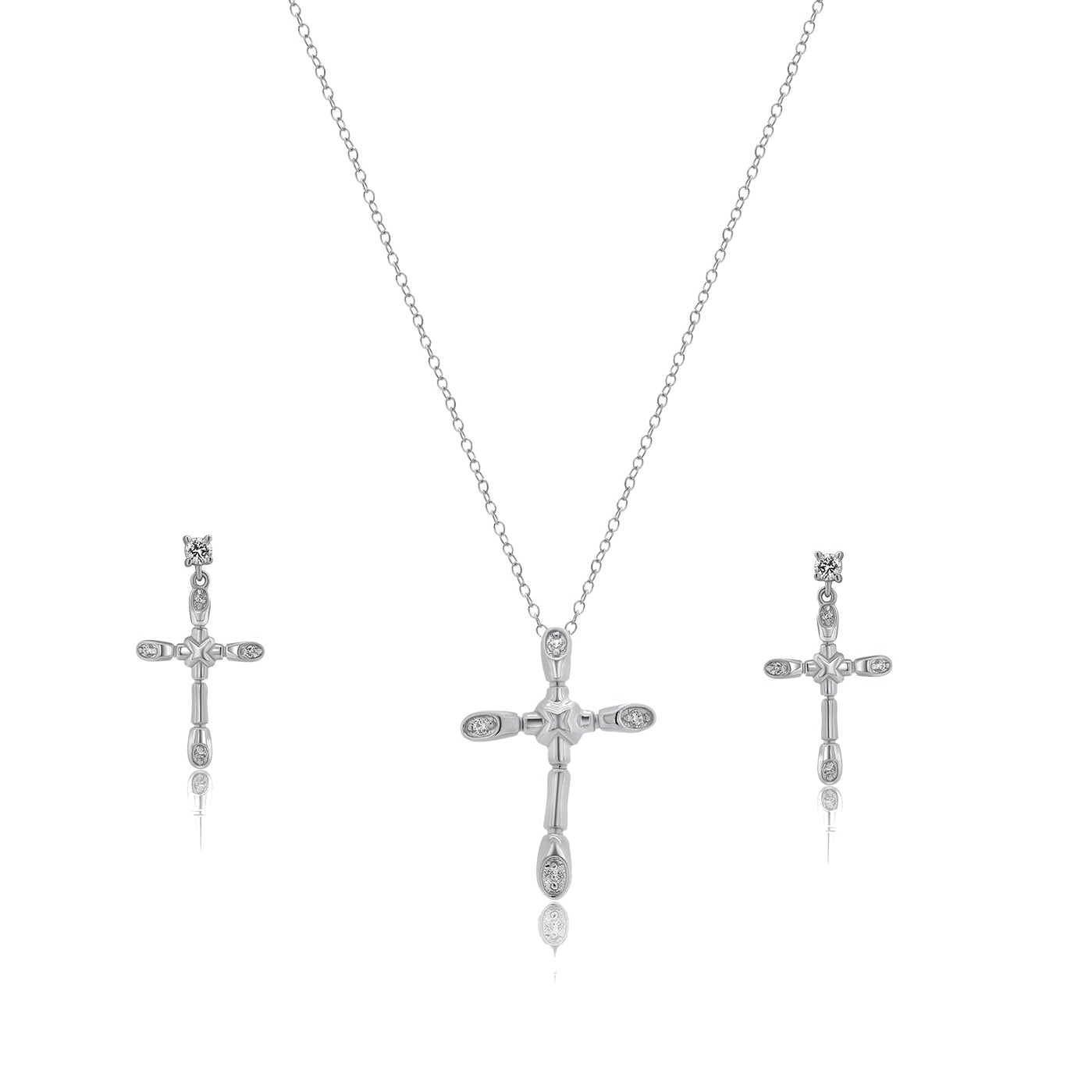 Juego de collar y aretes con cruz de hueso chapada en rodio y circonita cúbica en plata 925 - BGS00308