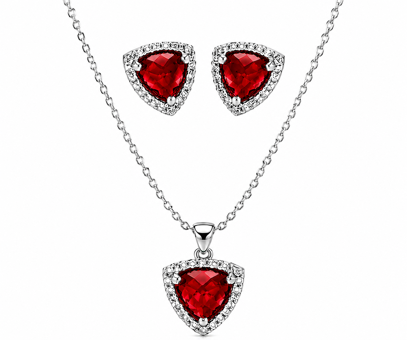 Rhodium Plated 925 Sterling Silver Birtstone CZ Triangle Cusion Earring & Pendant Set - BGS00326| BGS00327 | BGS00328 | BGS00329