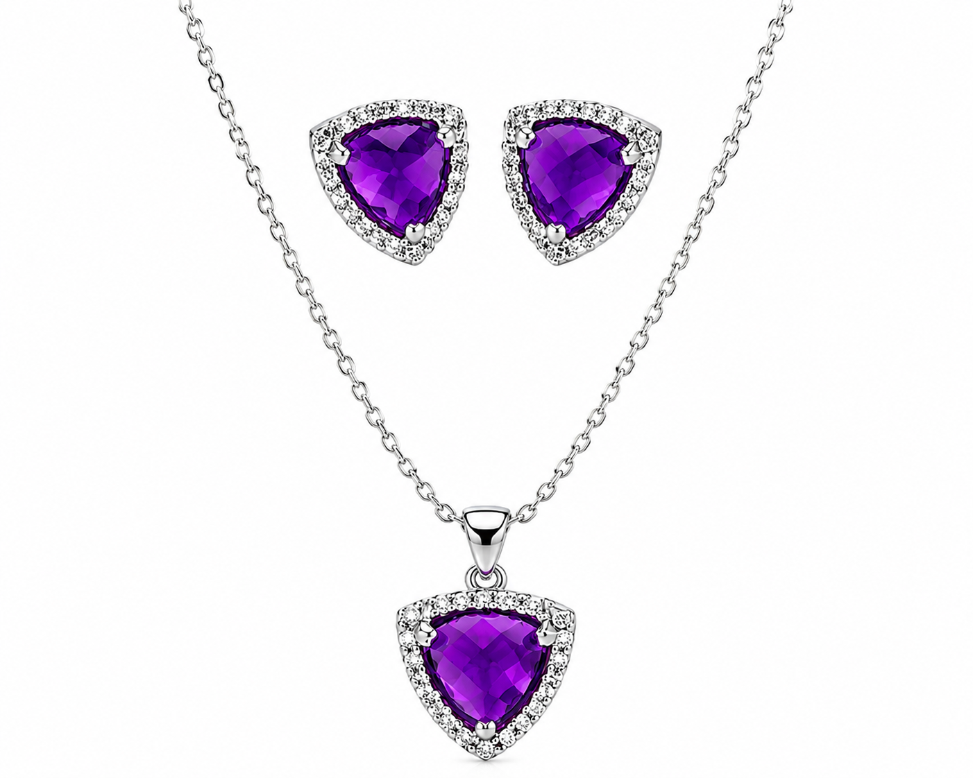 Rhodium Plated 925 Sterling Silver Birtstone CZ Triangle Cusion Earring & Pendant Set - BGS00326| BGS00327 | BGS00328 | BGS00329