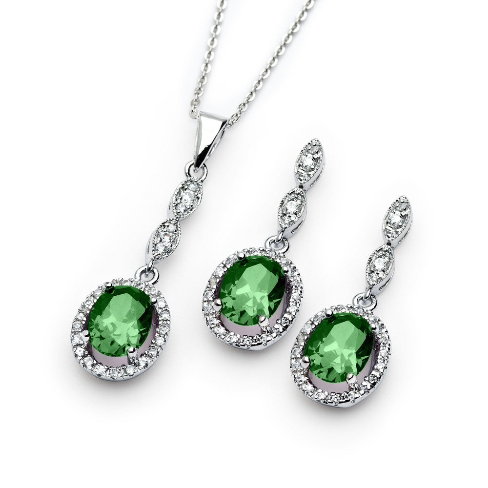 Conjunto de aretes y collar colgantes de plata 925 rodiada con piedra de nacimiento y circonita cúbica ovalada transparente - BGS00330