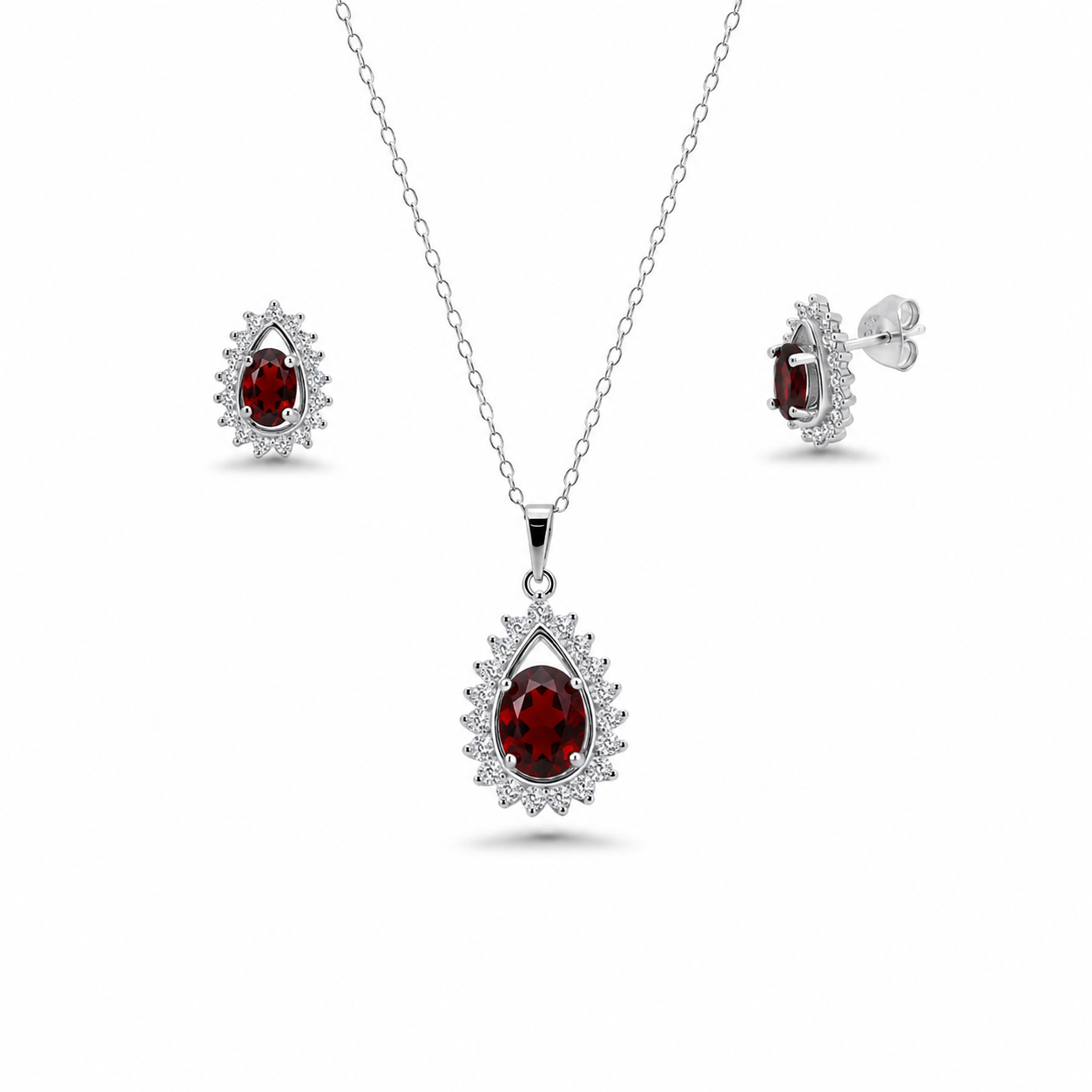Juego de aretes y collar con circonita cúbica en racimo de lágrima transparente chapado en rodio en plata 925 - BGS00363