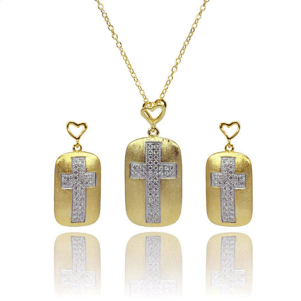 Clearance-Silver 925 Rhodium and Gold Plated Clear CZ Cross Center Open Heart Dangling Stud Earring and Necklace Set - BGS00382