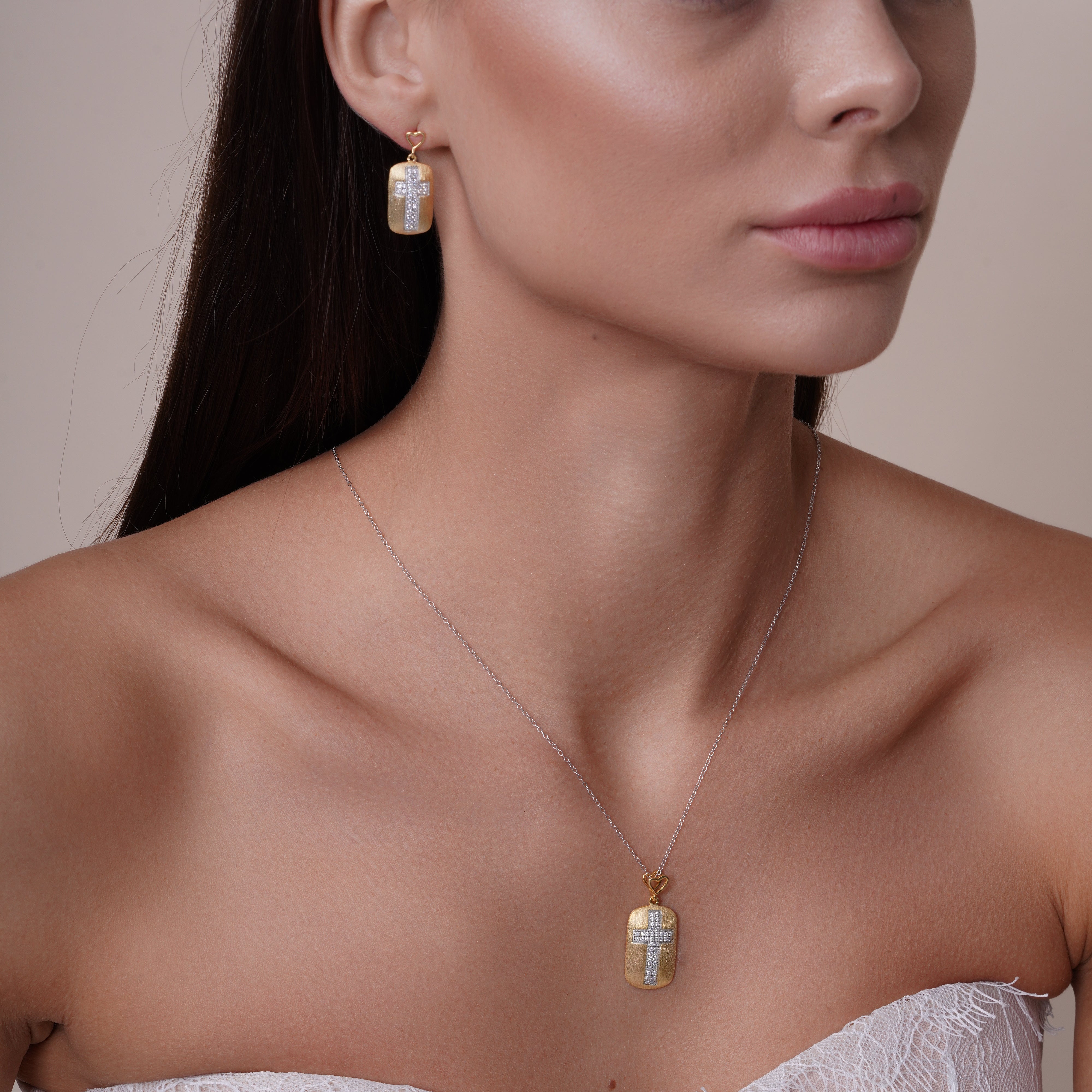 Clearance-Silver 925 Rhodium and Gold Plated Clear CZ Cross Center Open Heart Dangling Stud Earring and Necklace Set - BGS00382