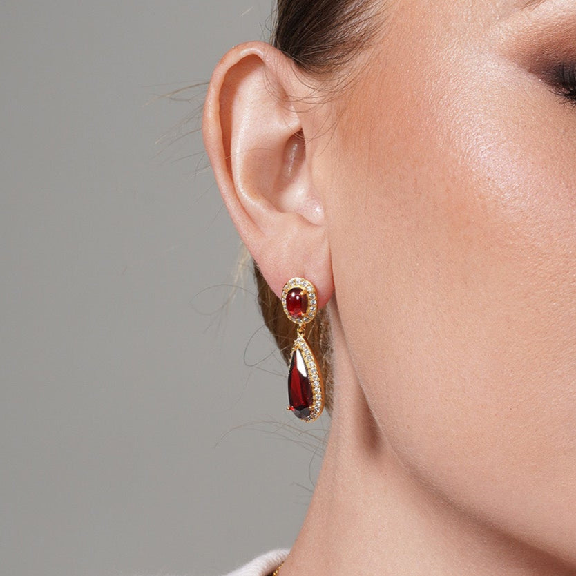 Silver 925 Gold Plated Clear and Red Oval Slim Teardrop CZ Dangling Stud Earring and Dangling Necklace Set - BGS00395