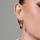 Silver 925 Gold Plated Clear and Red Oval Slim Teardrop CZ Dangling Stud Earring and Dangling Necklace Set - BGS00395