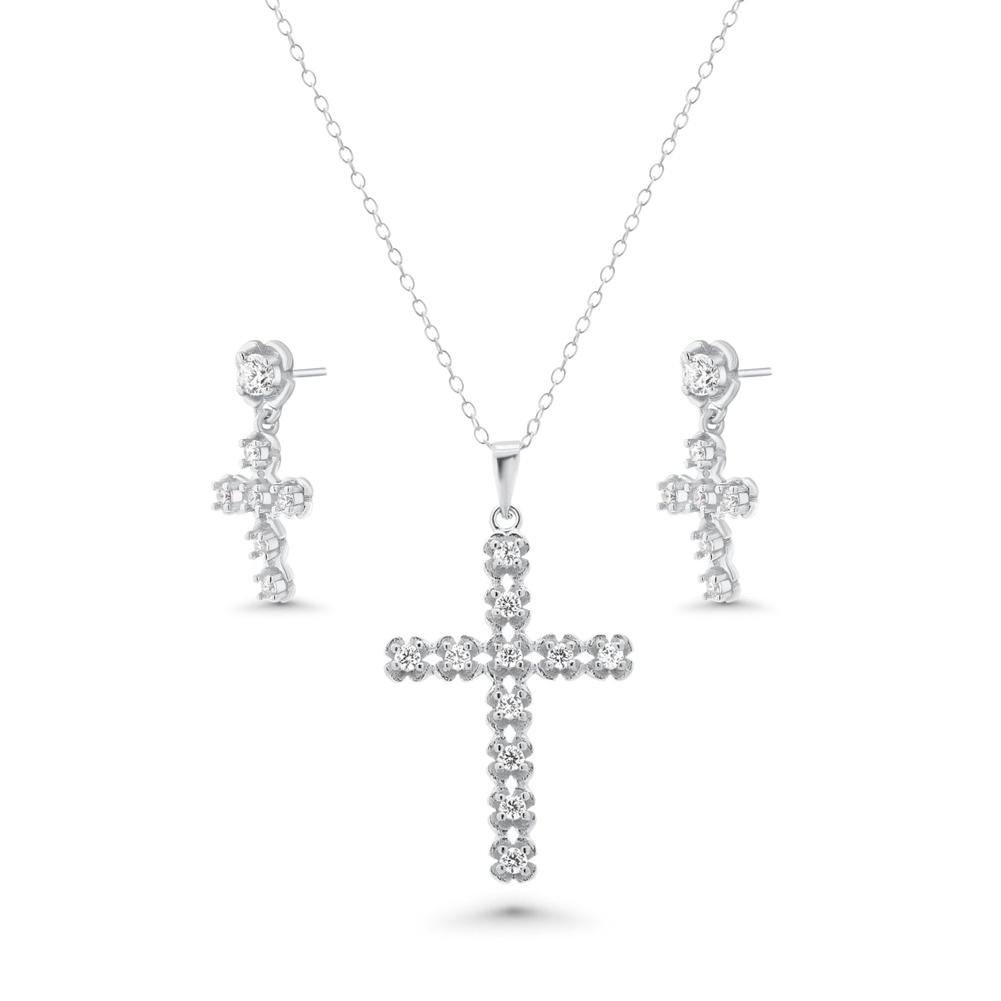 Juego de aretes y collar con circonita cúbica transparente bañada en rodio en plata 925 - BGS00396