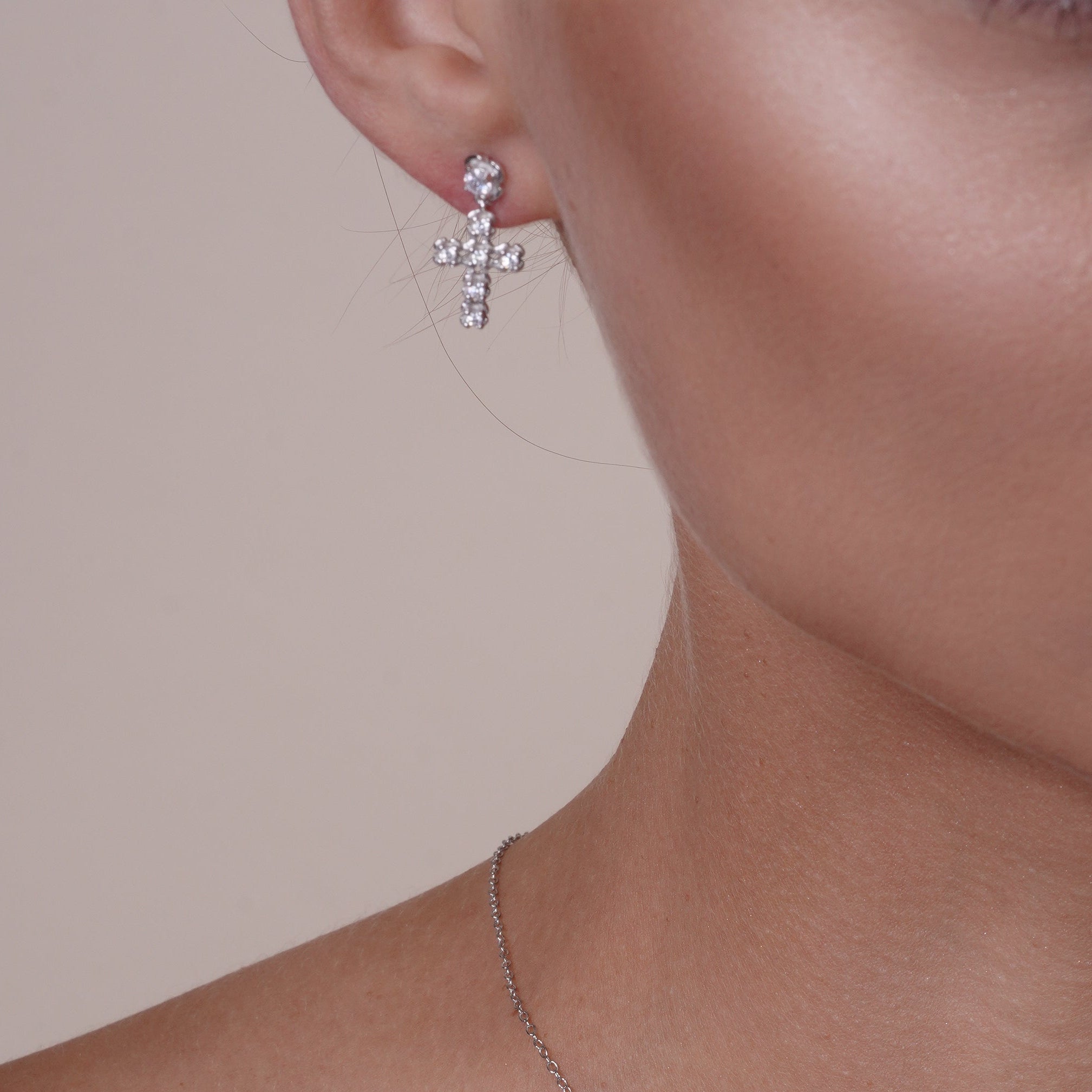 Silver 925 Rhodium Plated Clear Cross CZ Stud Earring and Necklace Set - BGS00396