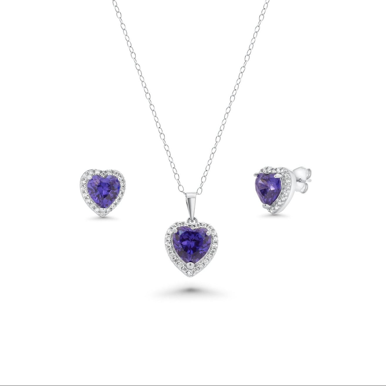 Silver 925 Rhodium Plated Clear Cluster Blue Heart CZ Stud Earring and Necklace Set - BGS00398