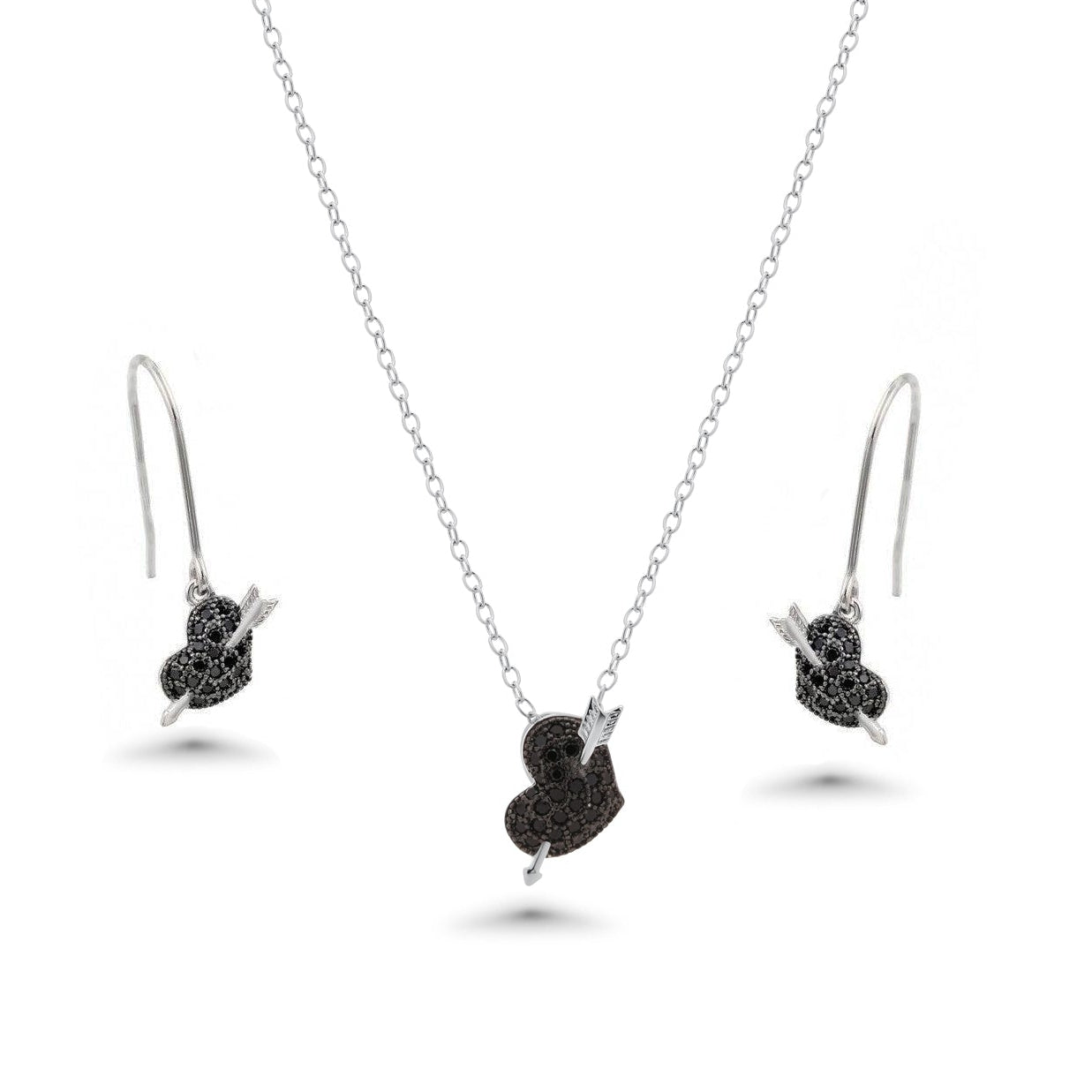 Silver 925 Rhodium and Black Rhodium Plated Black Heart Arrow CZ Hook Earring and Necklace Set - BGS00403