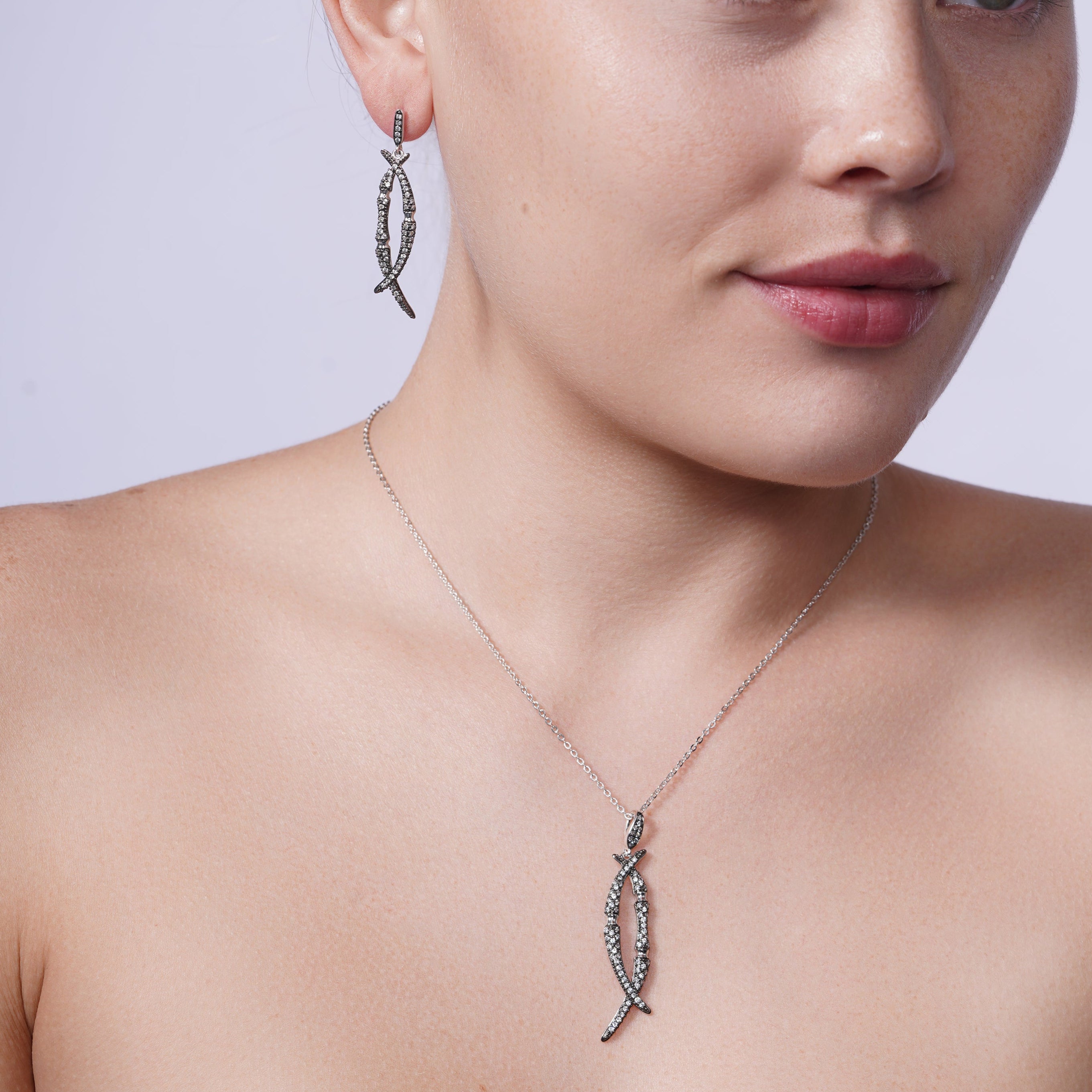 Clearance-Silver 925 Black Rhodium Plated Clear Overlap Marquise CZ Dangling Set - BGS00412