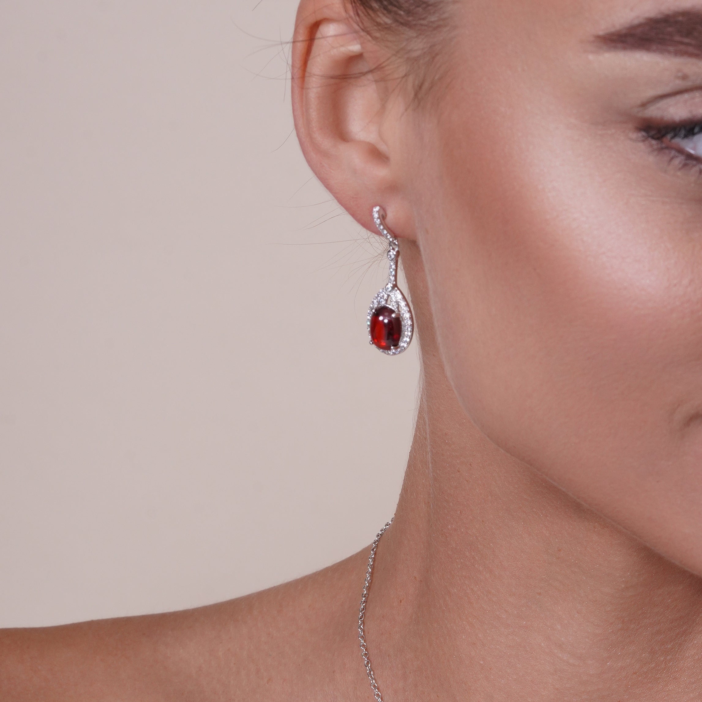 Silver 925 Rhodium Plated Pear Shaped Clear and Red CZ Dangling Stud Earring and Dangling Necklace Set - BGS00434