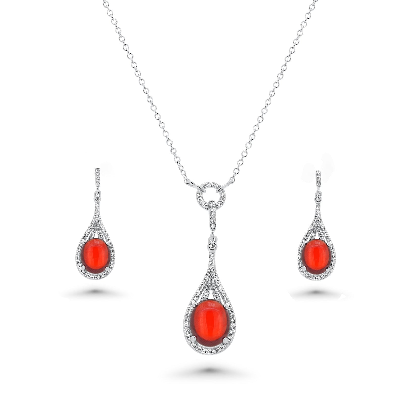 Liquidación - Conjunto de aretes y collar colgantes en forma de pera con circonitas rojas y transparentes, bañados en rodio en plata 925 - BGS00434