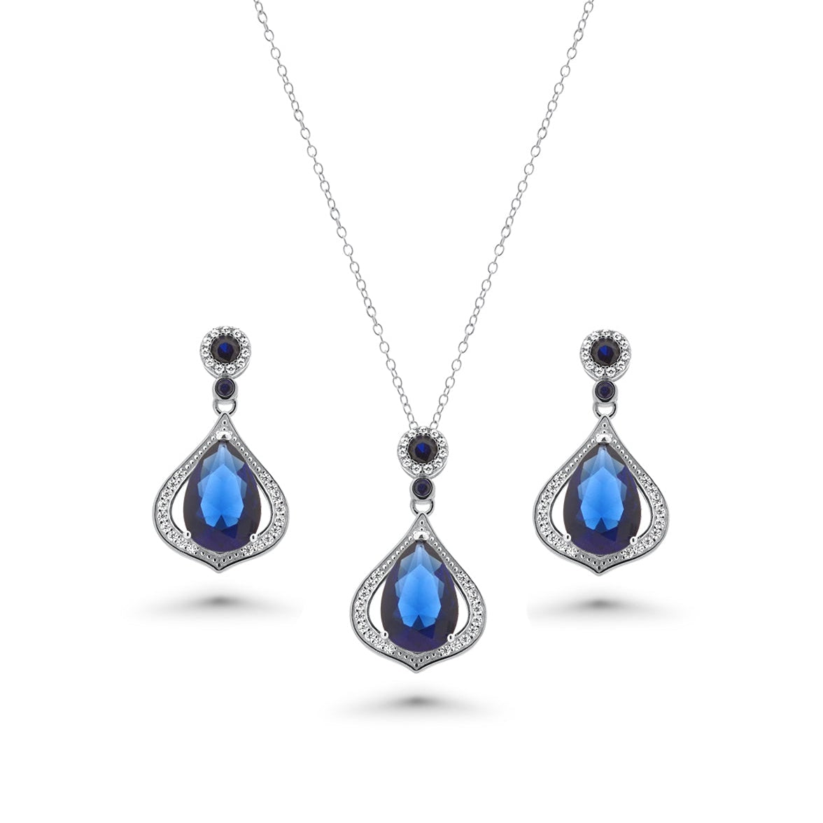 Juego de aretes colgantes y collar colgante con circonita cúbica en forma de lágrima transparente y azul bañada en rodio de plata 925 - BGS00440