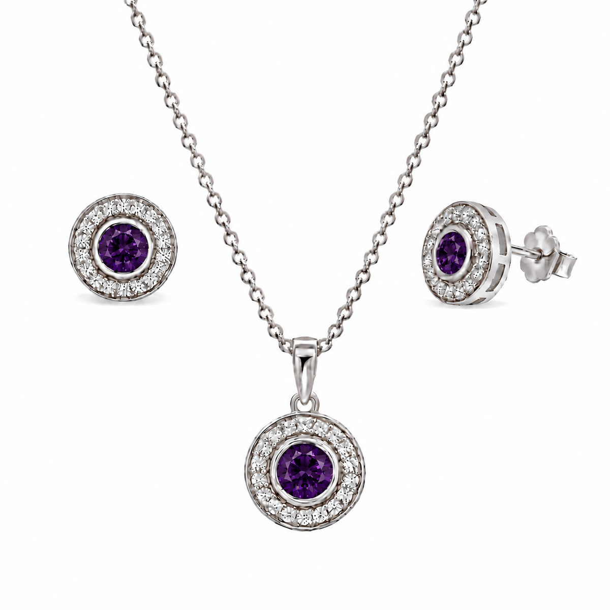 Rhodium Plated 925 Sterling Silver Halo CZ Birthstone Earring & Pendant Sets - BGS00481